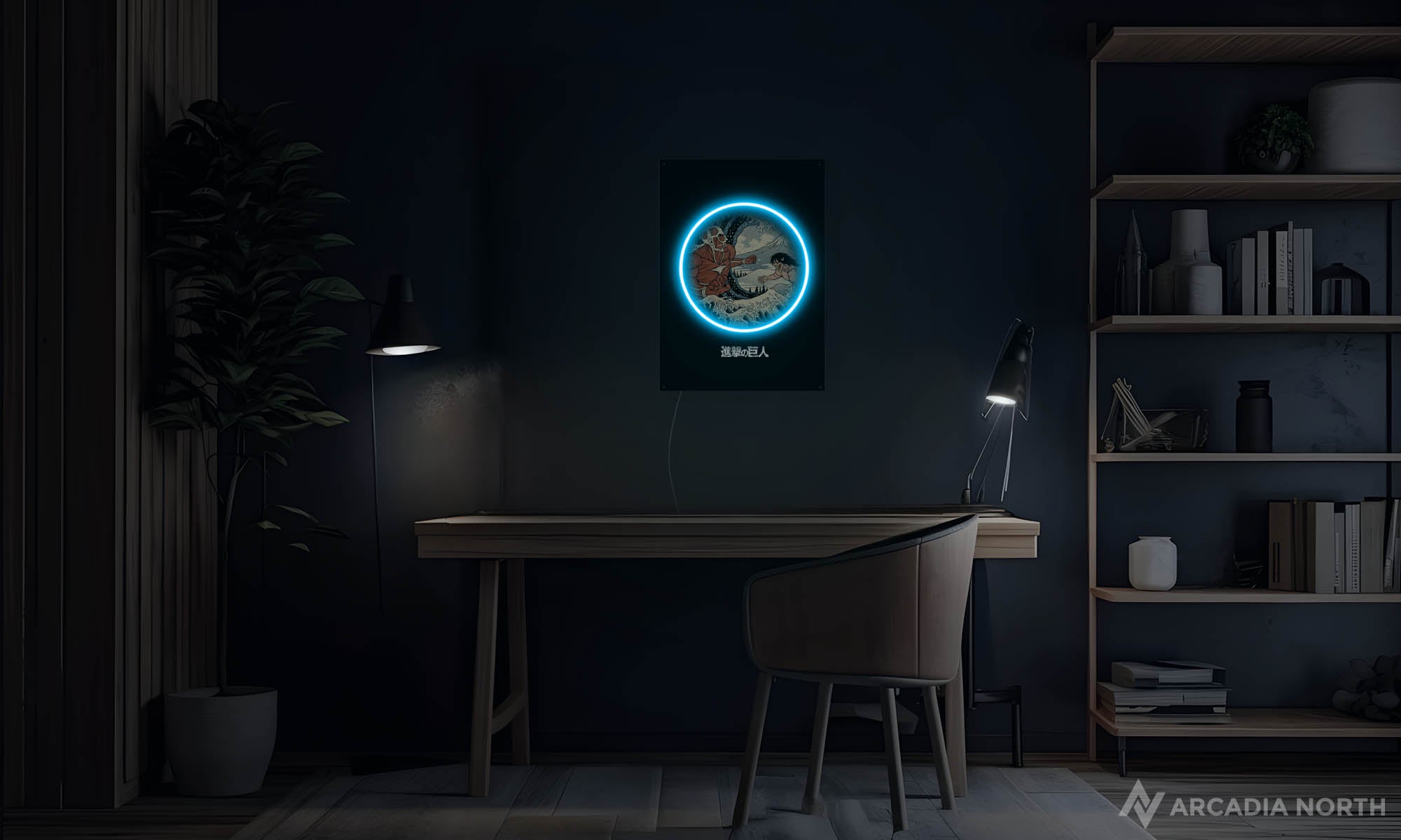 Modern room with an Arcadia North LED Poster based on the anime Attack on Titan and The Great Wave off Hokusai