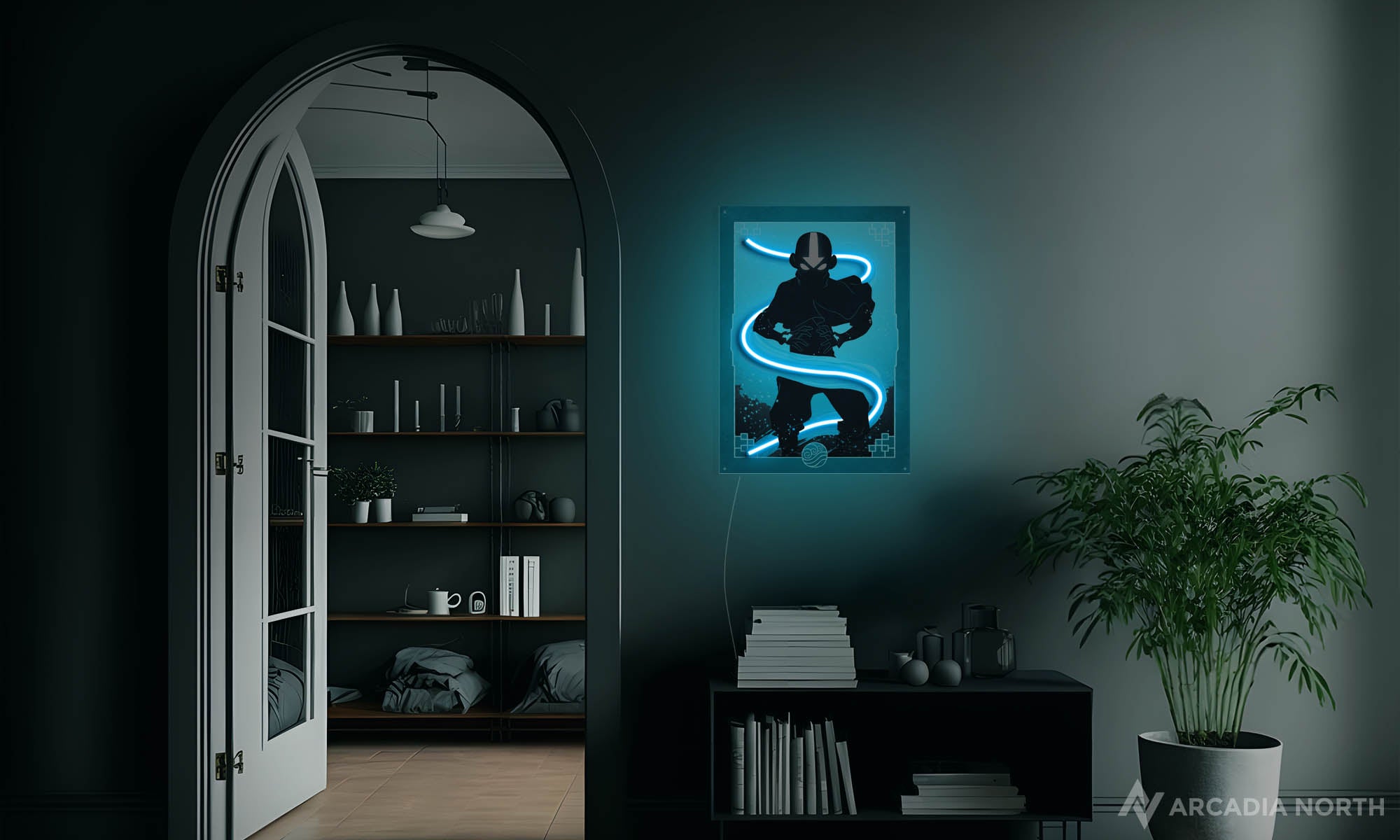 Arcadia North Original LED Poster featuring the anime Avatar The Last Airbender with Aang Airbending illuminated by LED neon lights. UV-printed poster on acrylic