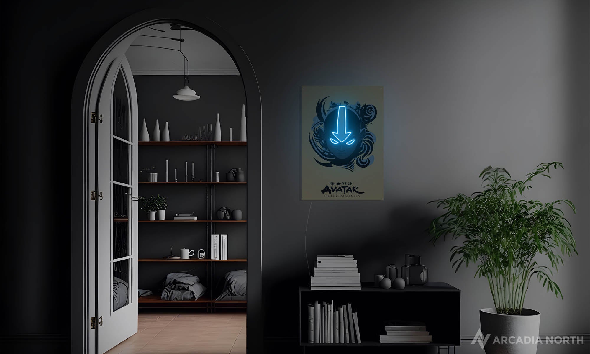 Arcadia North Original LED Poster featuring the anime Avatar The Last Airbender with Aang and his arrow tattoo illuminated by LED neon lights. UV-printed poster on acrylic.
