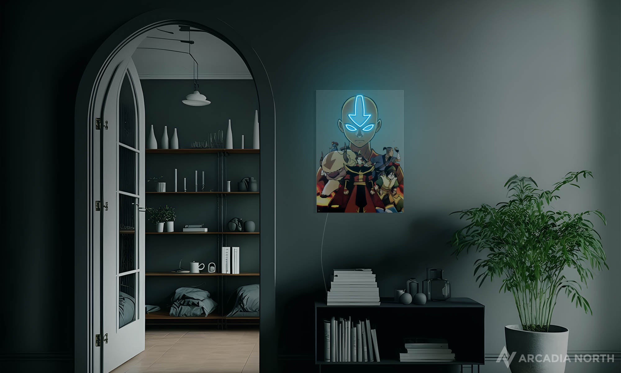 Arcadia North Original LED Poster featuring the anime Avatar The Last Airbender with Aang, Zuko, Appa, Katara, Toph, and Sokka. Illuminated by LED neon lights like The Avatar State. UV-printed poster on acrylic