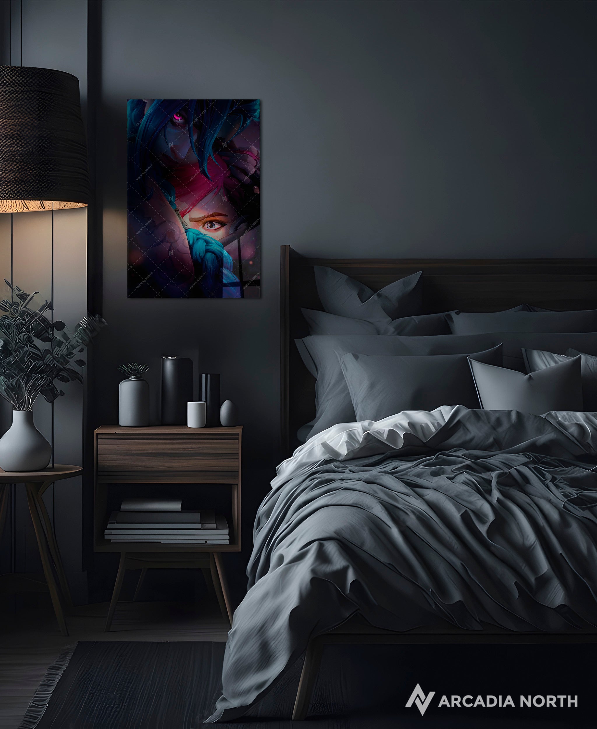 Arcane League of Legends gaming acrylic poster by Arcadia North. Arcane Season 2 Poster no text with Jinx hugging Vi. Acrylic wall art printed on acrylic.