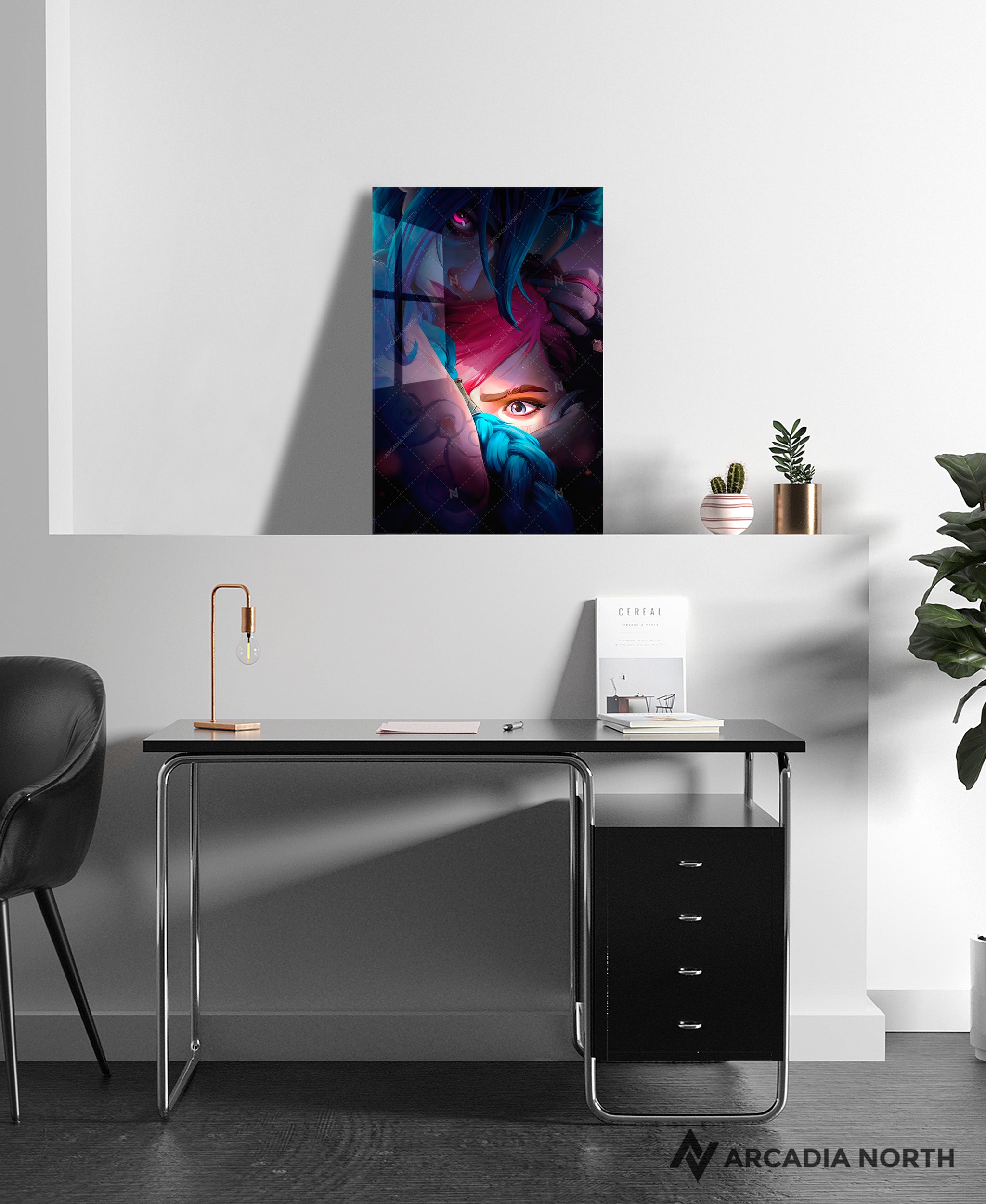 Arcane League of Legends gaming acrylic poster by Arcadia North. Arcane Season 2 Poster no text with Jinx hugging Vi. Acrylic wall art printed on acrylic.