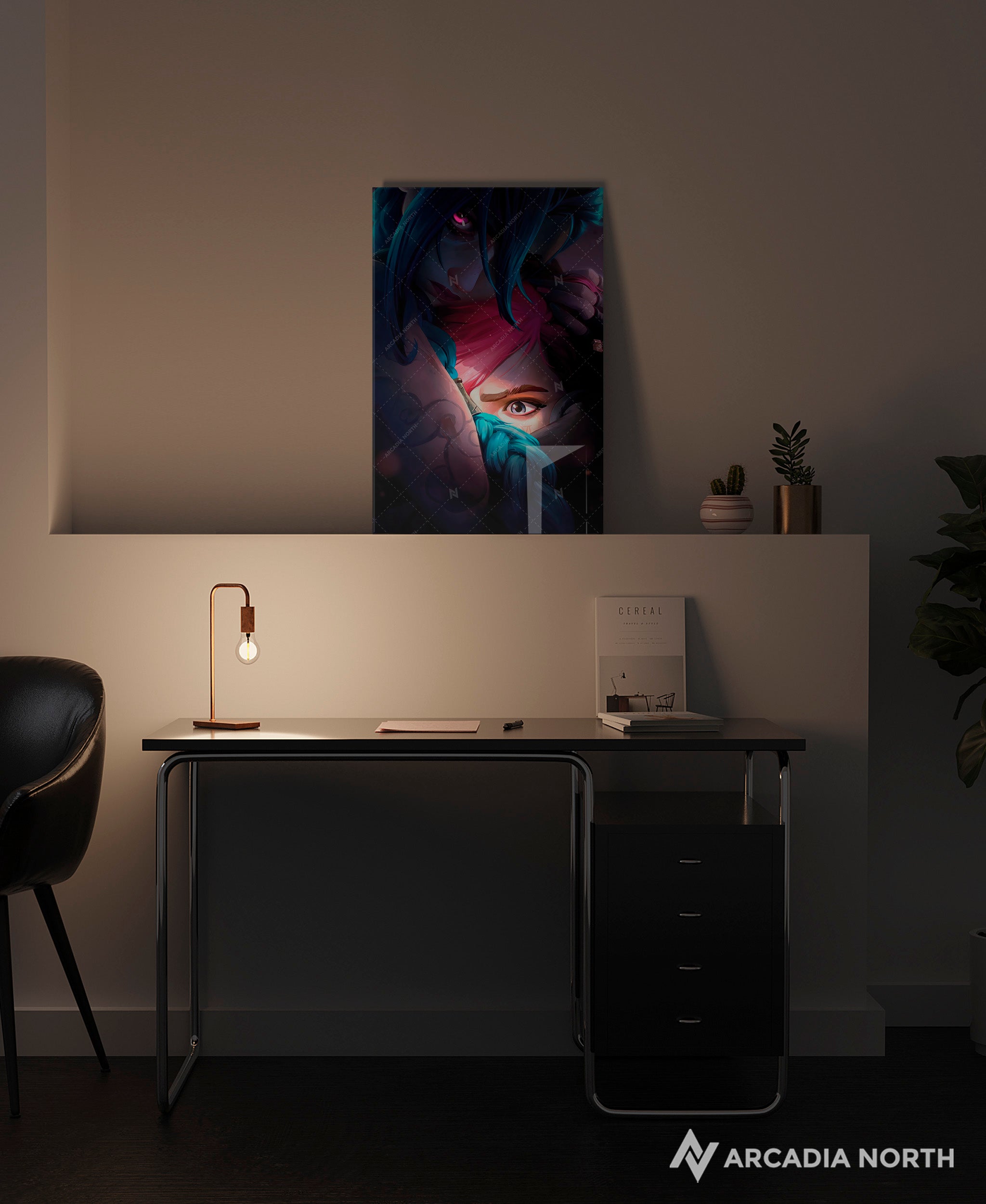 Arcane League of Legends gaming acrylic poster by Arcadia North. Arcane Season 2 Poster no text with Jinx hugging Vi. Acrylic wall art printed on acrylic.