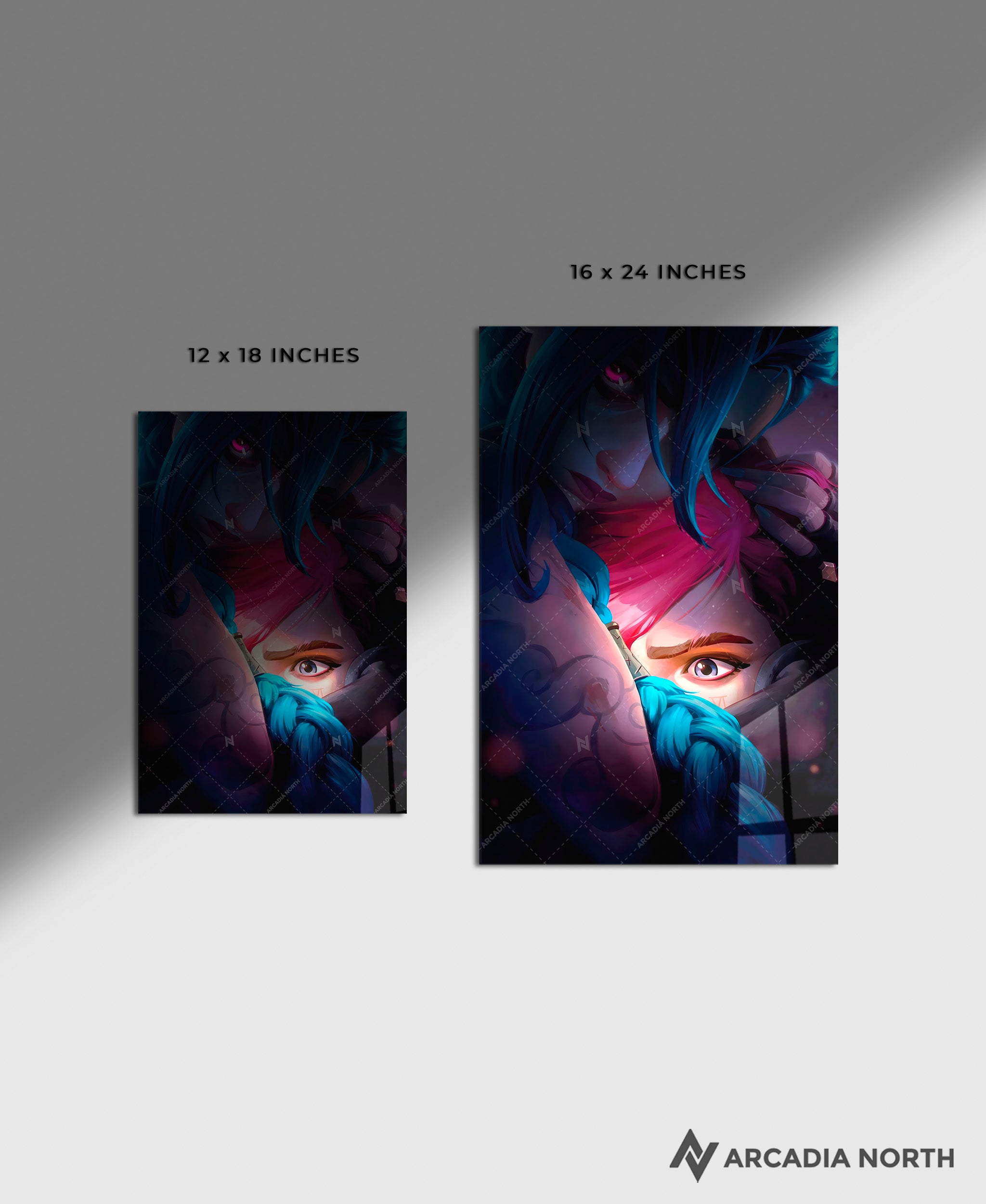 Arcane League of Legends gaming acrylic poster by Arcadia North. Arcane Season 2 Poster no text with Jinx hugging Vi. Acrylic wall art printed on acrylic.