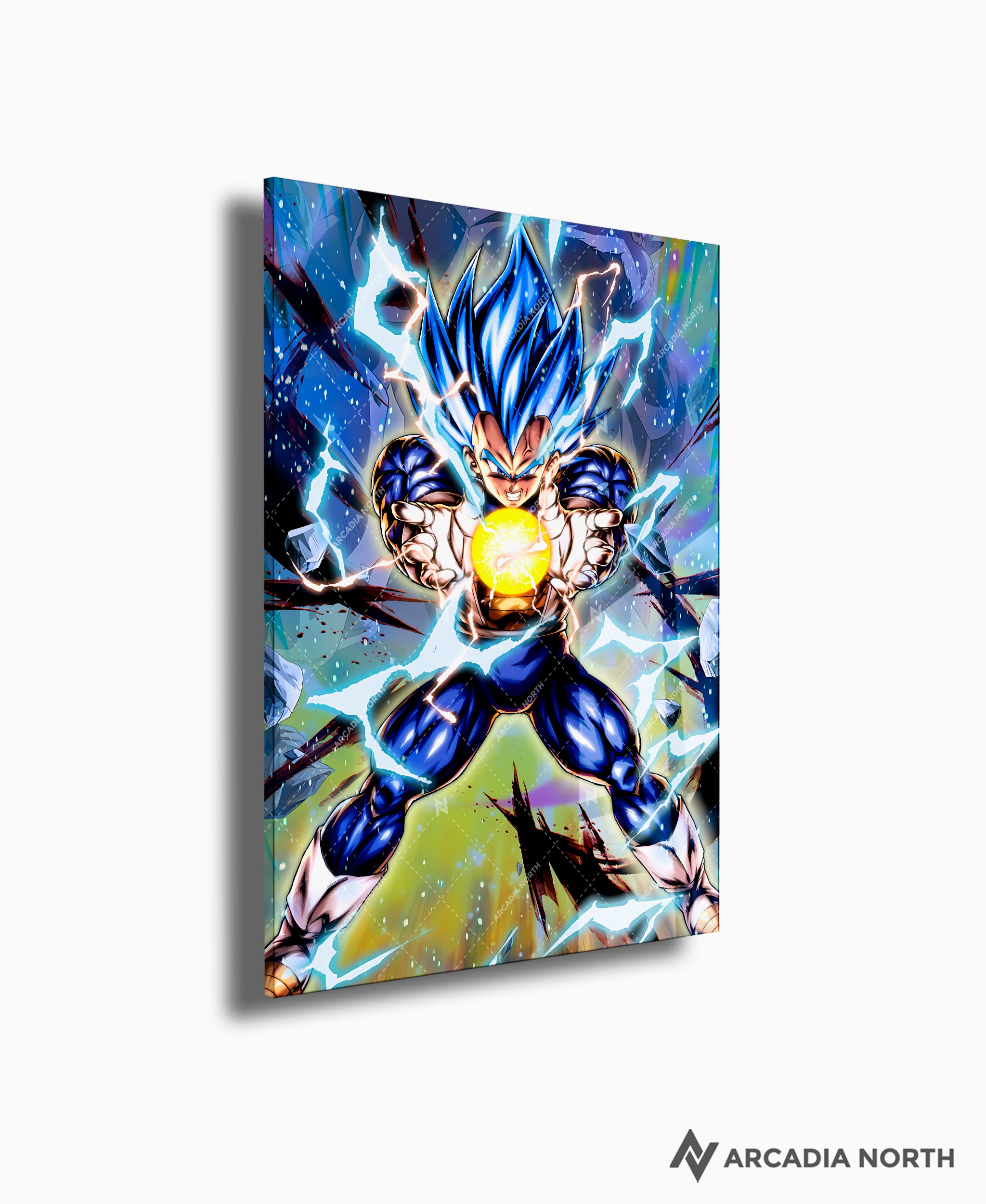 Dragon Ball Super Blue Evolved Vegeta Final Flash acrylic poster by Arcadia North – premium DBZ anime wall art printed on glossy acrylic.