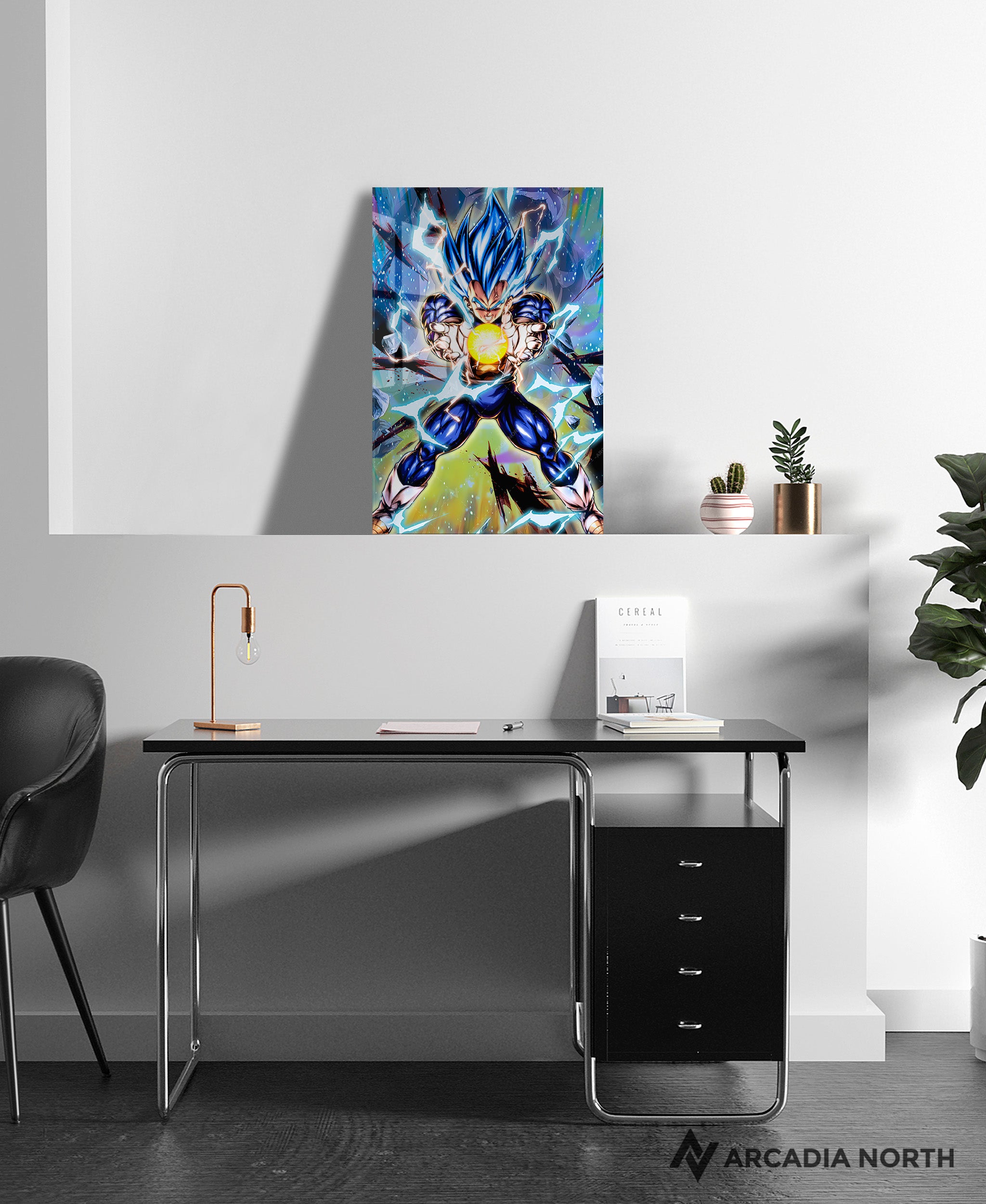 Dragon Ball Super Blue Evolved Vegeta Final Flash acrylic poster by Arcadia North – premium DBZ anime wall art printed on glossy acrylic.