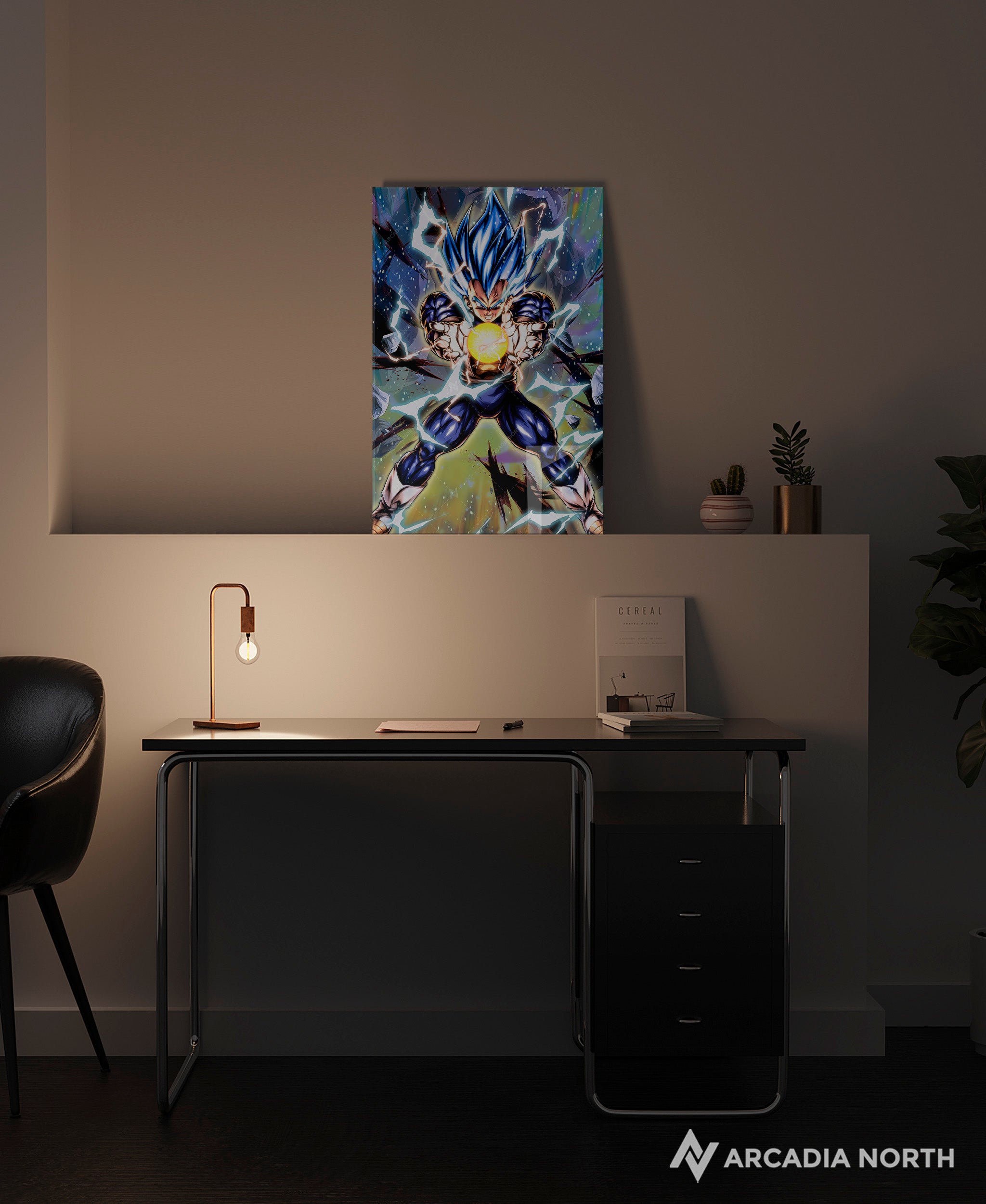 Dragon Ball Super Blue Evolved Vegeta Final Flash acrylic poster by Arcadia North – premium DBZ anime wall art printed on glossy acrylic.