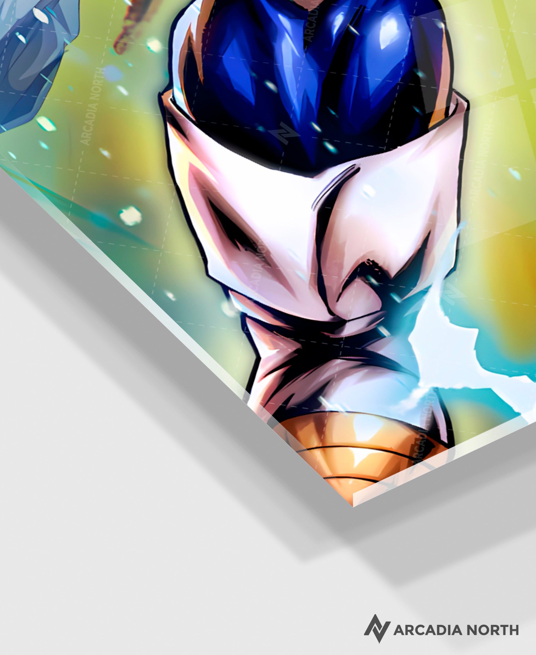 Dragon Ball Super Blue Evolved Vegeta Final Flash acrylic poster by Arcadia North – premium DBZ anime wall art printed on glossy acrylic.