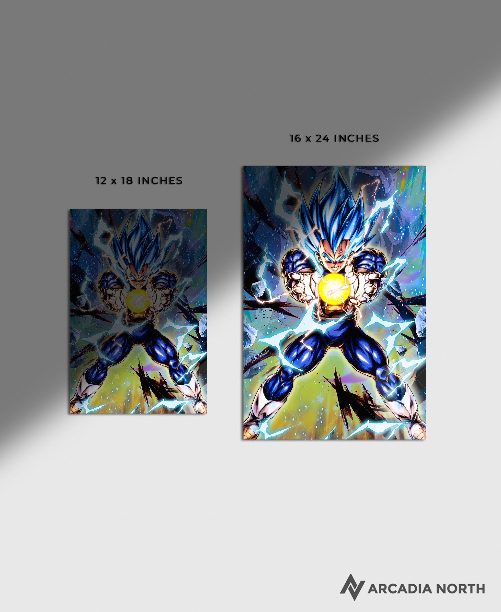 Dragon Ball Super Blue Evolved Vegeta Final Flash acrylic poster by Arcadia North – premium DBZ anime wall art printed on glossy acrylic.