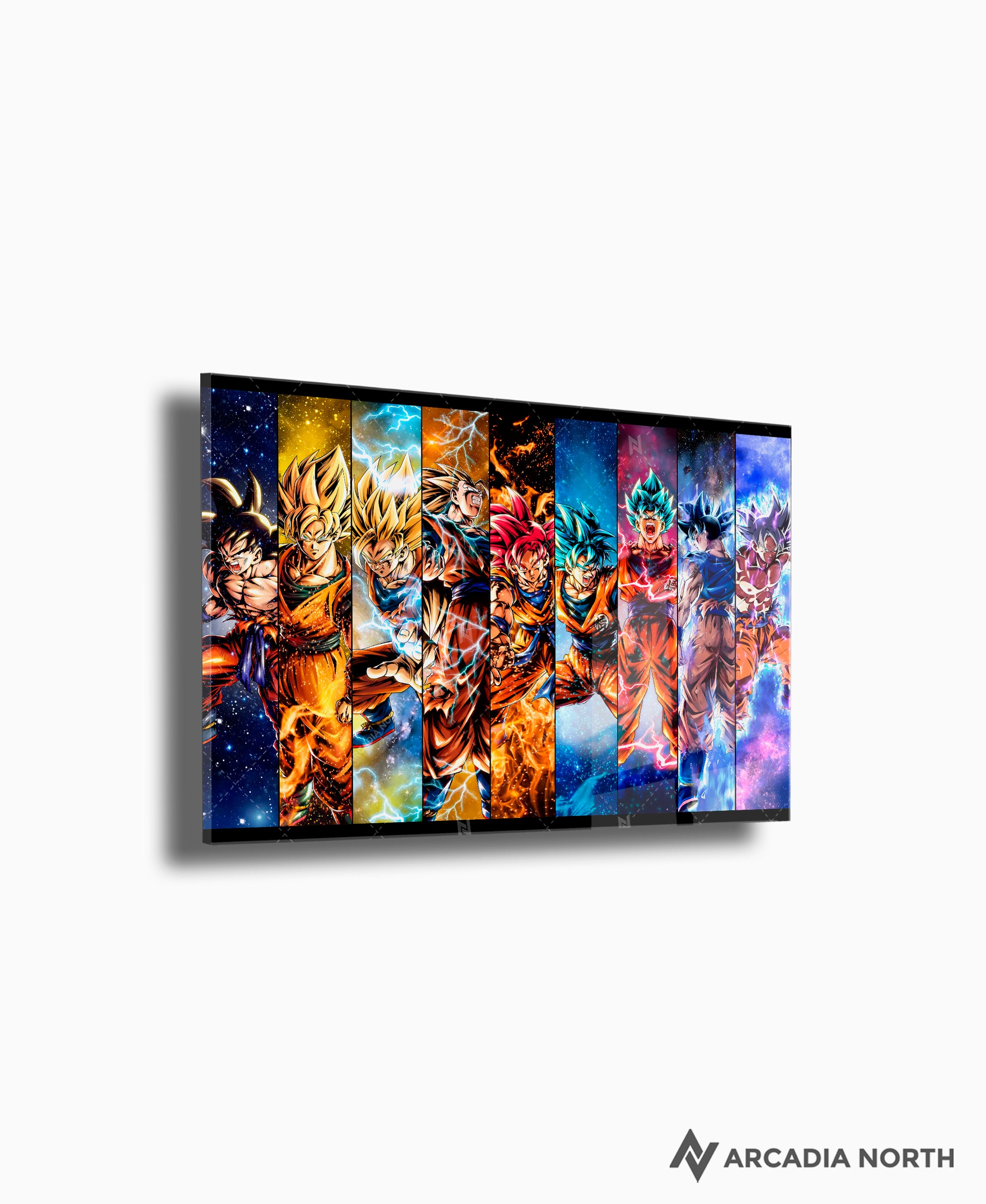 Dragon Ball Super Goku All Forms acrylic poster by Arcadia North – premium DBZ anime wall art printed on glossy acrylic.