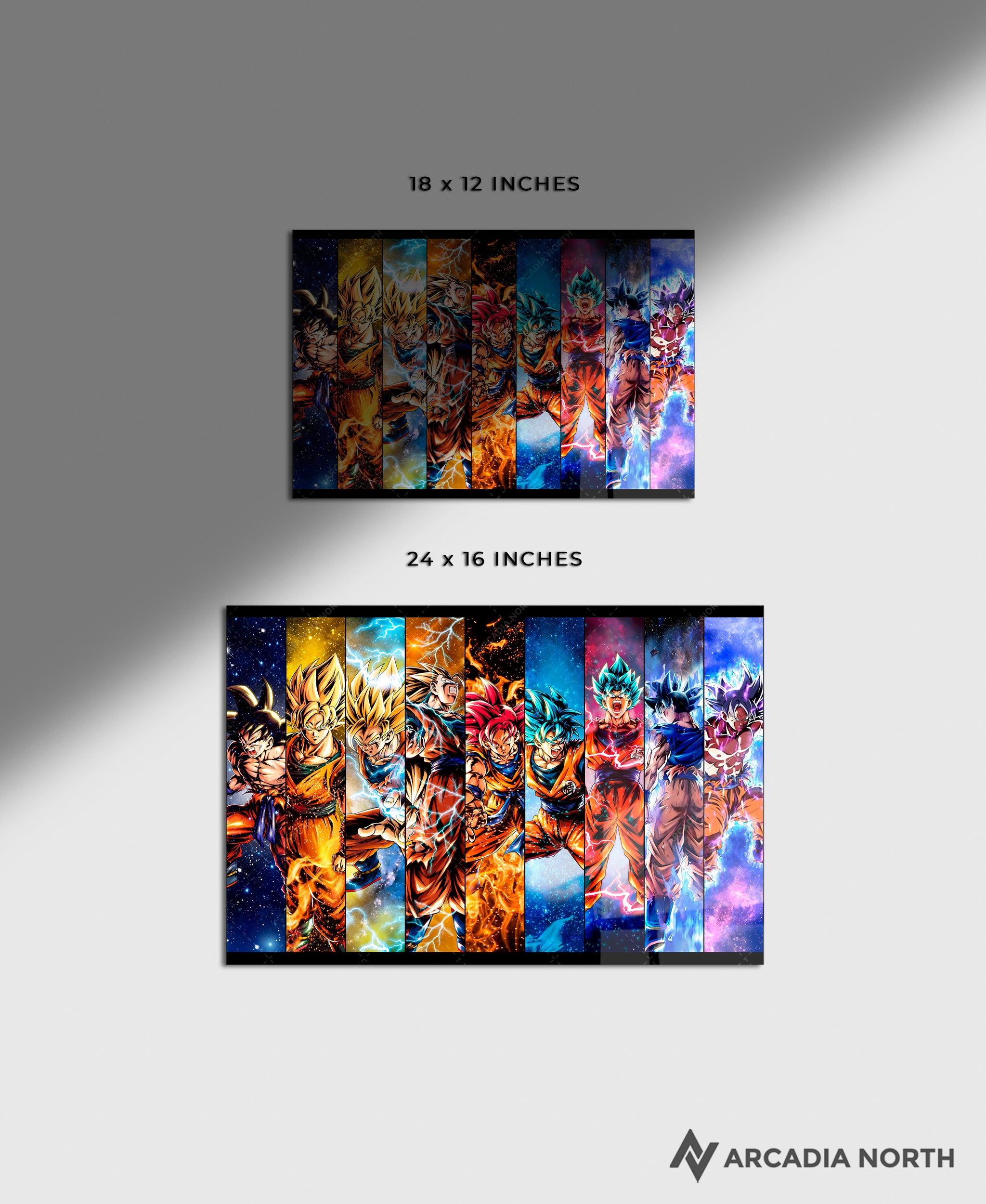 Dragon Ball Super Goku All Forms acrylic poster by Arcadia North – premium DBZ anime wall art printed on glossy acrylic.