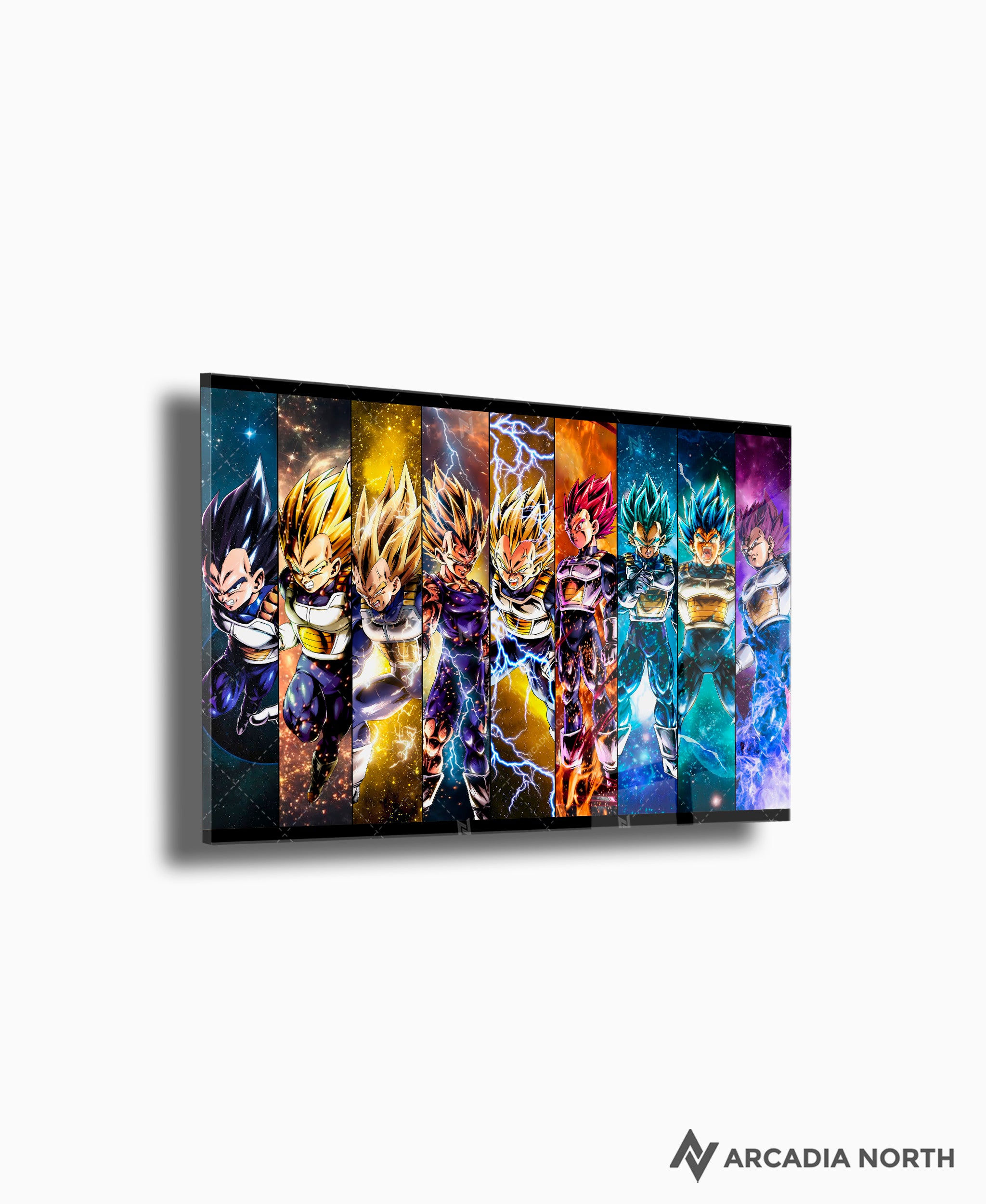 Dragon Ball Super Vegeta All Forms acrylic poster by Arcadia North – premium DBZ anime wall art printed on glossy acrylic.