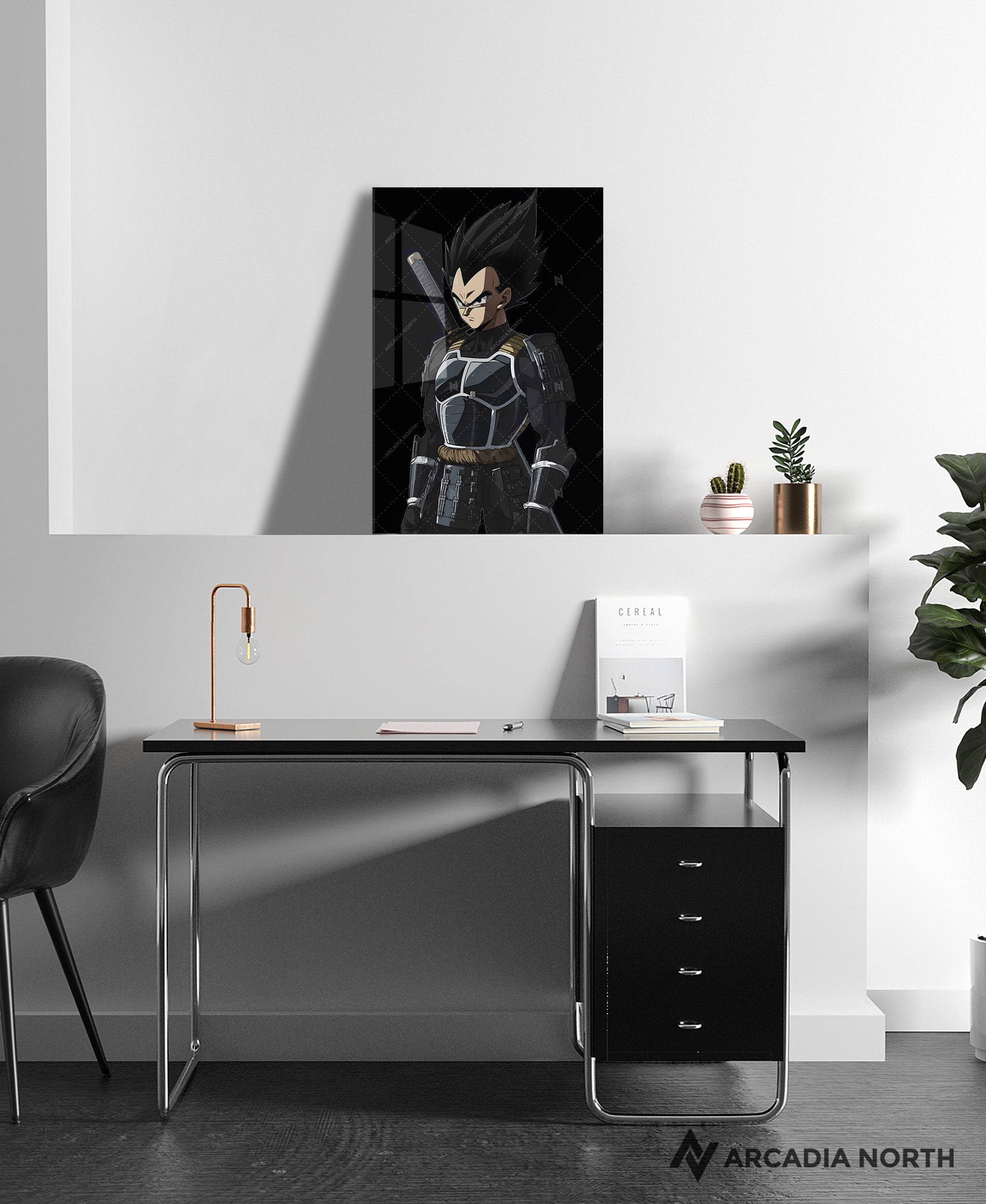 Dragon Ball anime acrylic poster by Arcadia North. Featuring Vegeta as a samurai on a black background. Acrylic wall art printed on acrylic.