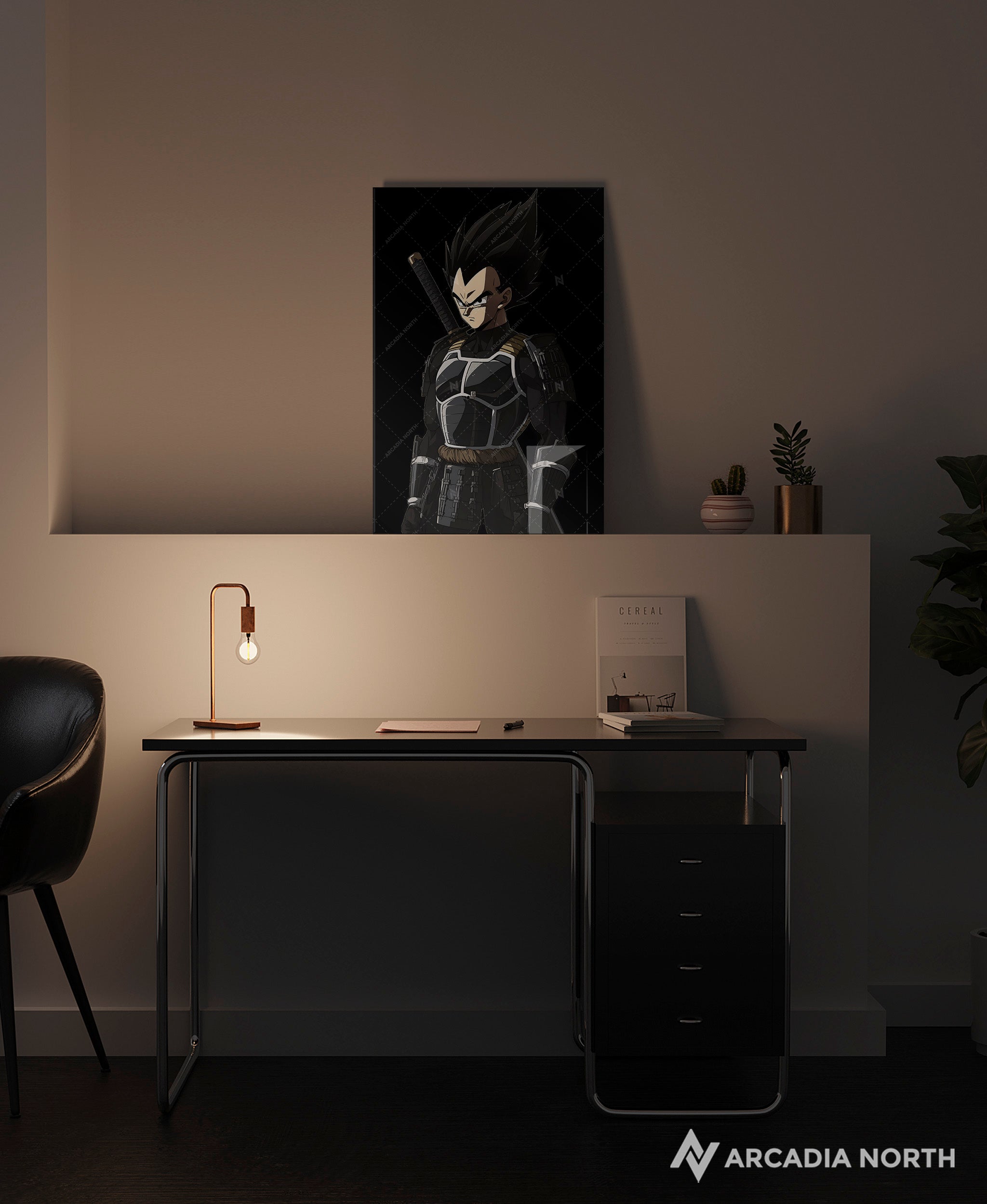 Dragon Ball anime acrylic poster by Arcadia North. Featuring Vegeta as a samurai on a black background. Acrylic wall art printed on acrylic.