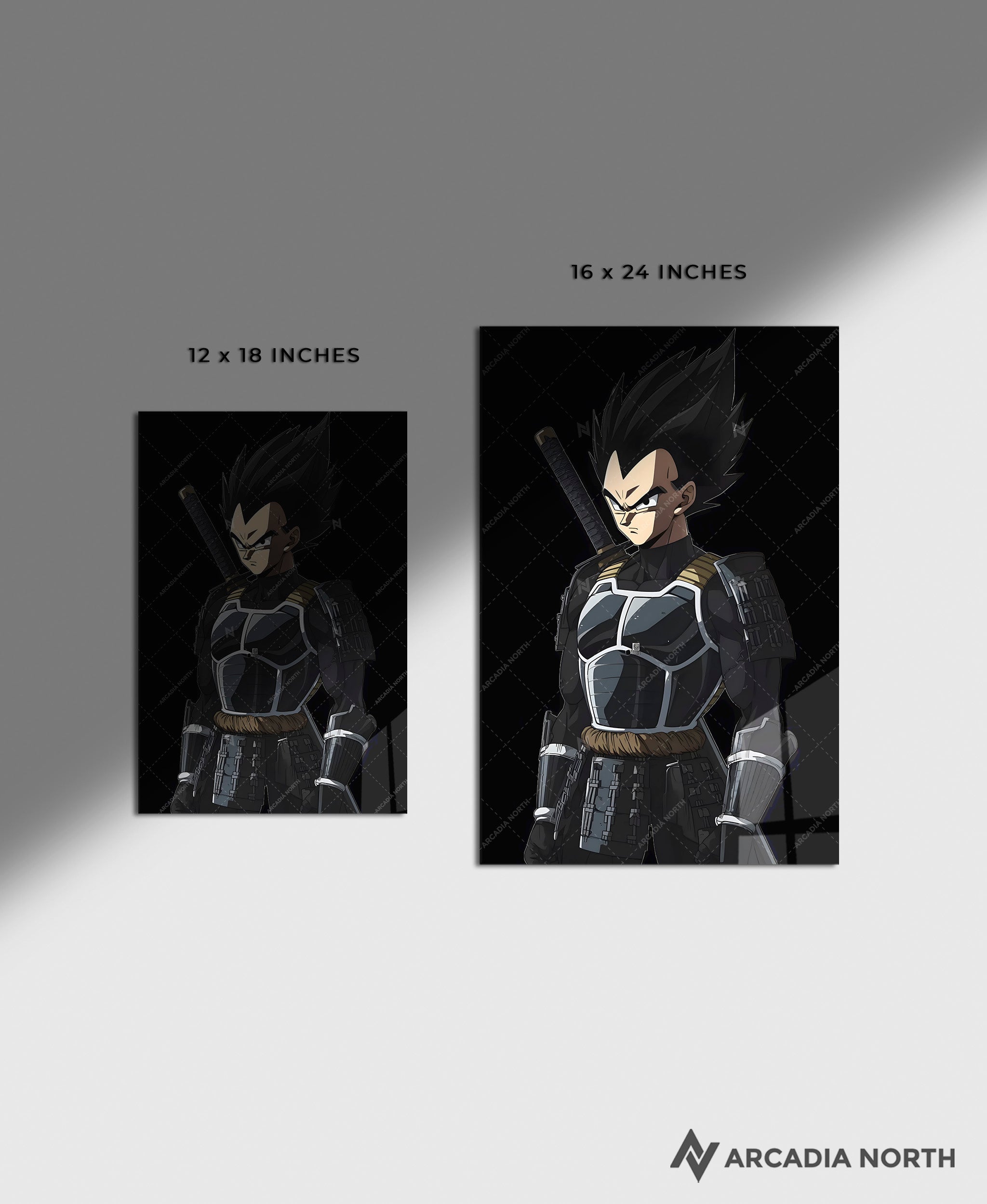 Dragon Ball anime acrylic poster by Arcadia North. Featuring Vegeta as a samurai on a black background. Acrylic wall art printed on acrylic.