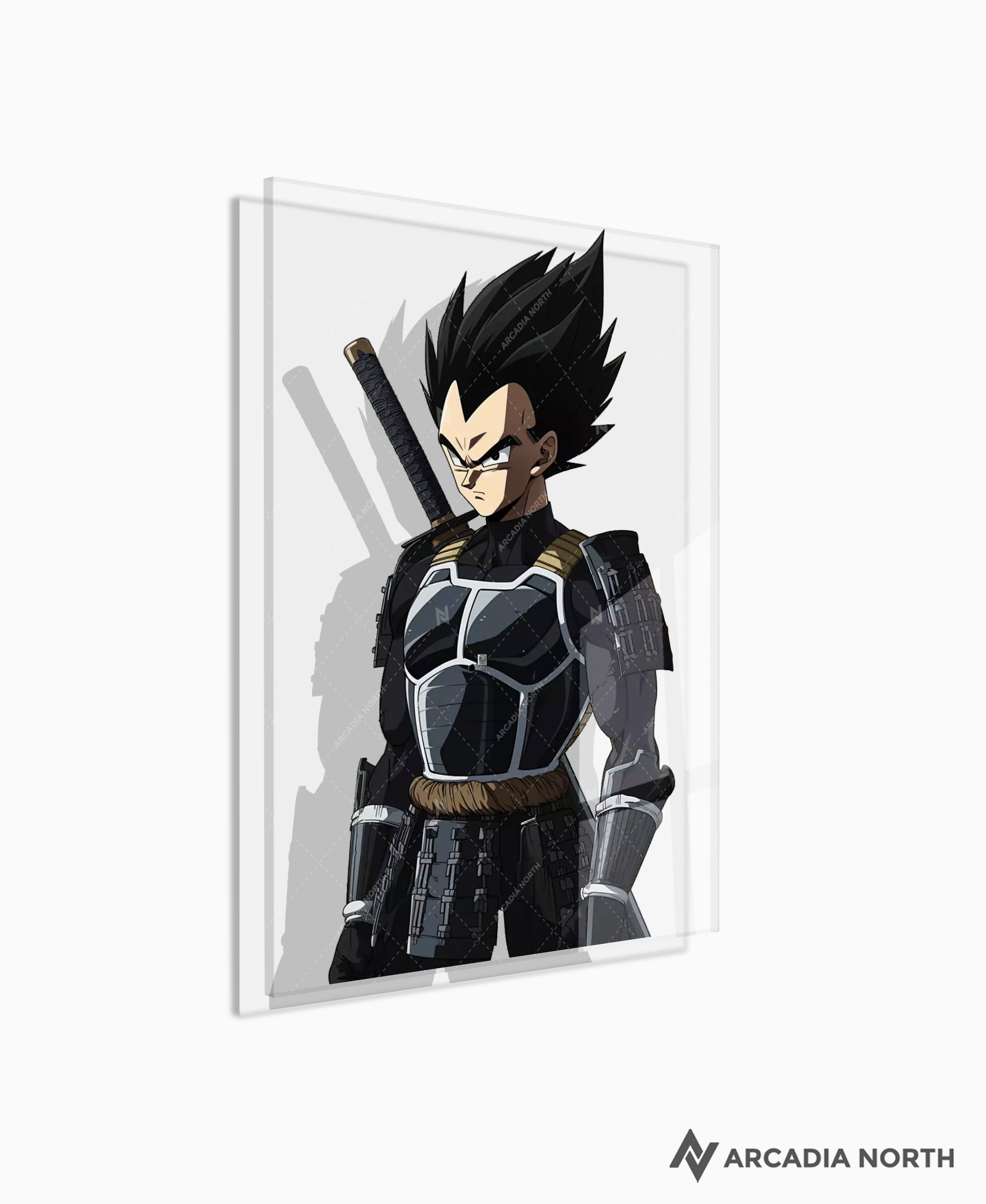 Dragon Ball anime acrylic poster by Arcadia North. Featuring Vegeta as a samurai on a transparent background. Acrylic wall art printed on acrylic.