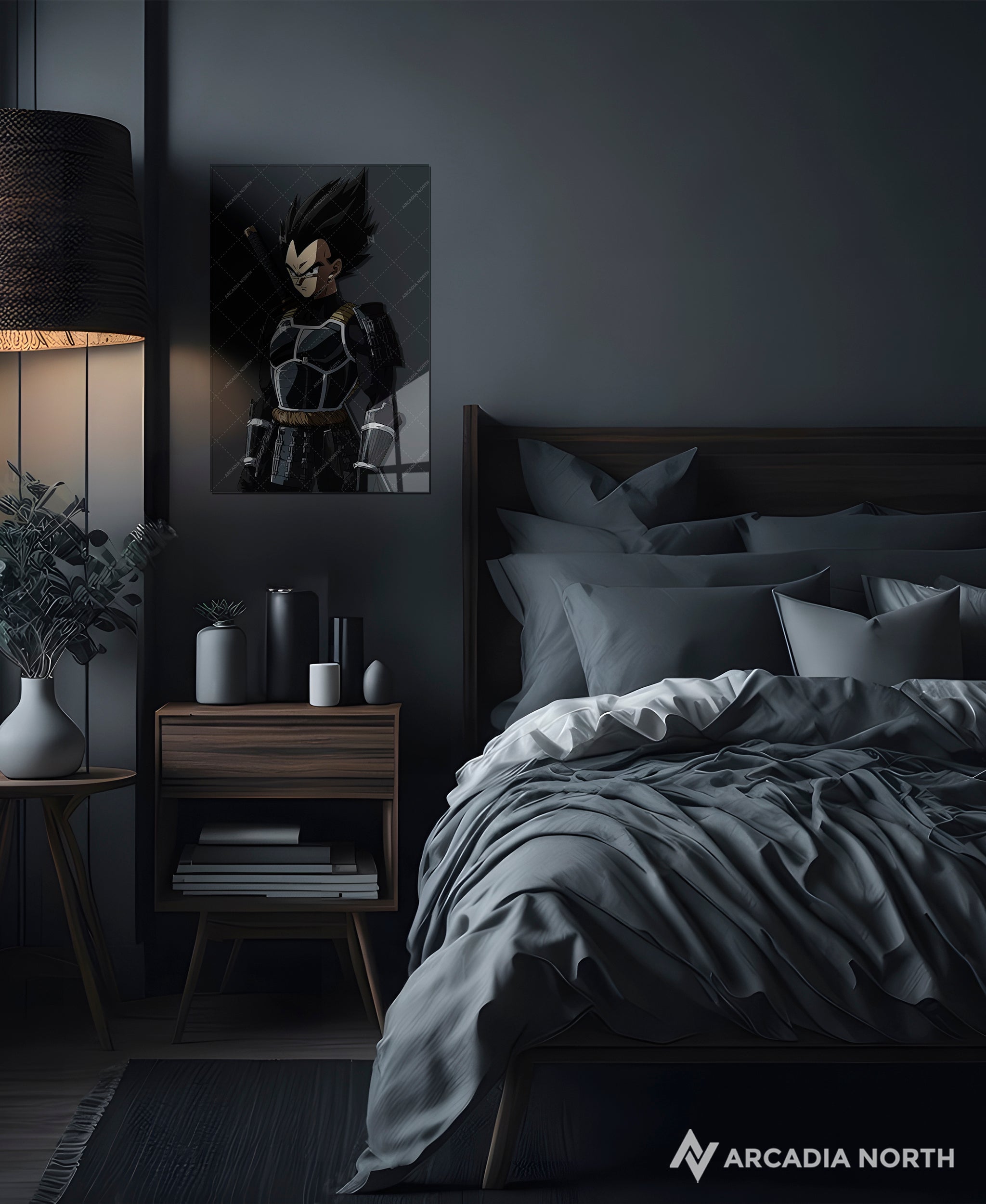 Dragon Ball anime acrylic poster by Arcadia North. Featuring Vegeta as a samurai on a transparent background. Acrylic wall art printed on acrylic.