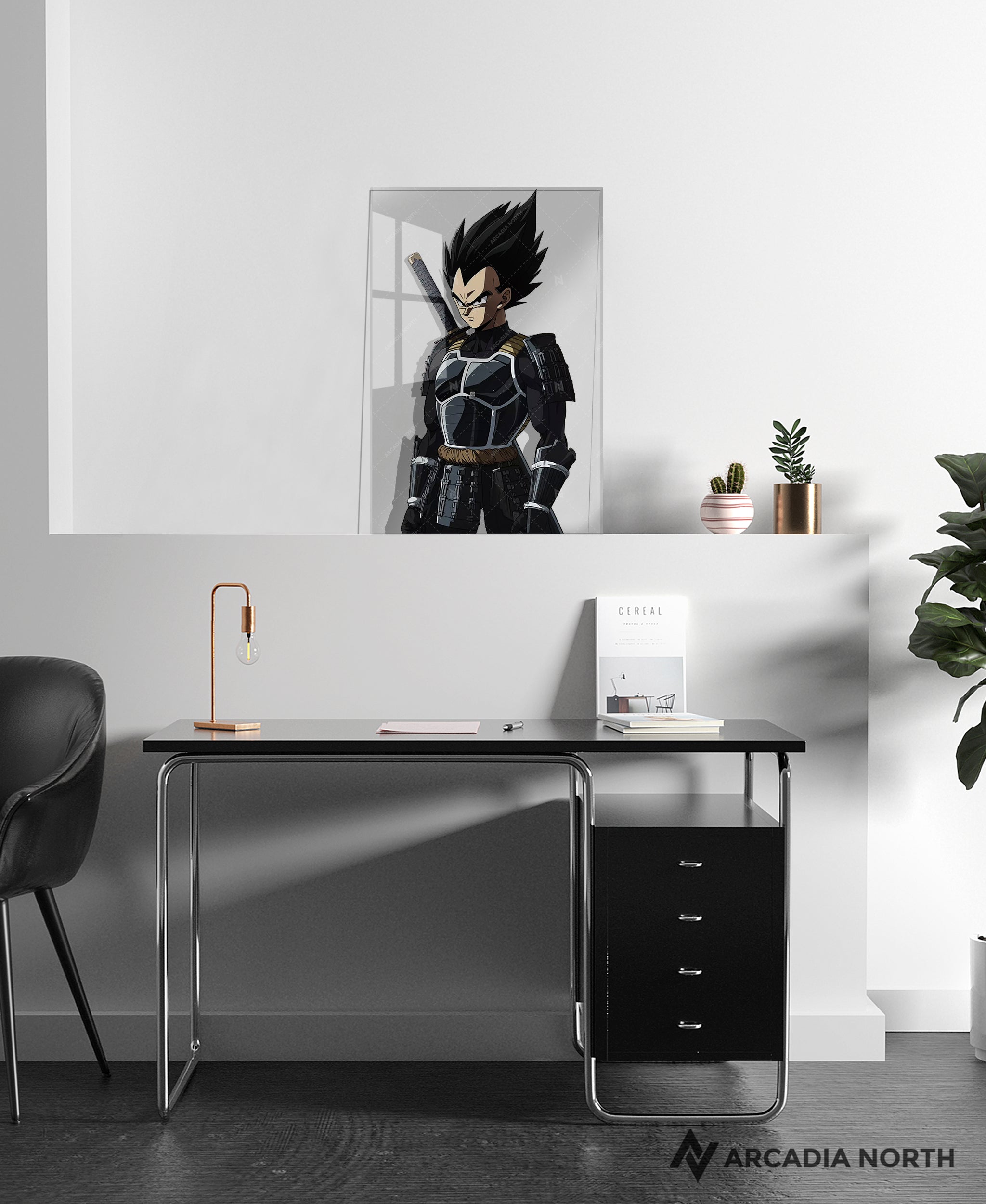 Dragon Ball anime acrylic poster by Arcadia North. Featuring Vegeta as a samurai on a transparent background. Acrylic wall art printed on acrylic.