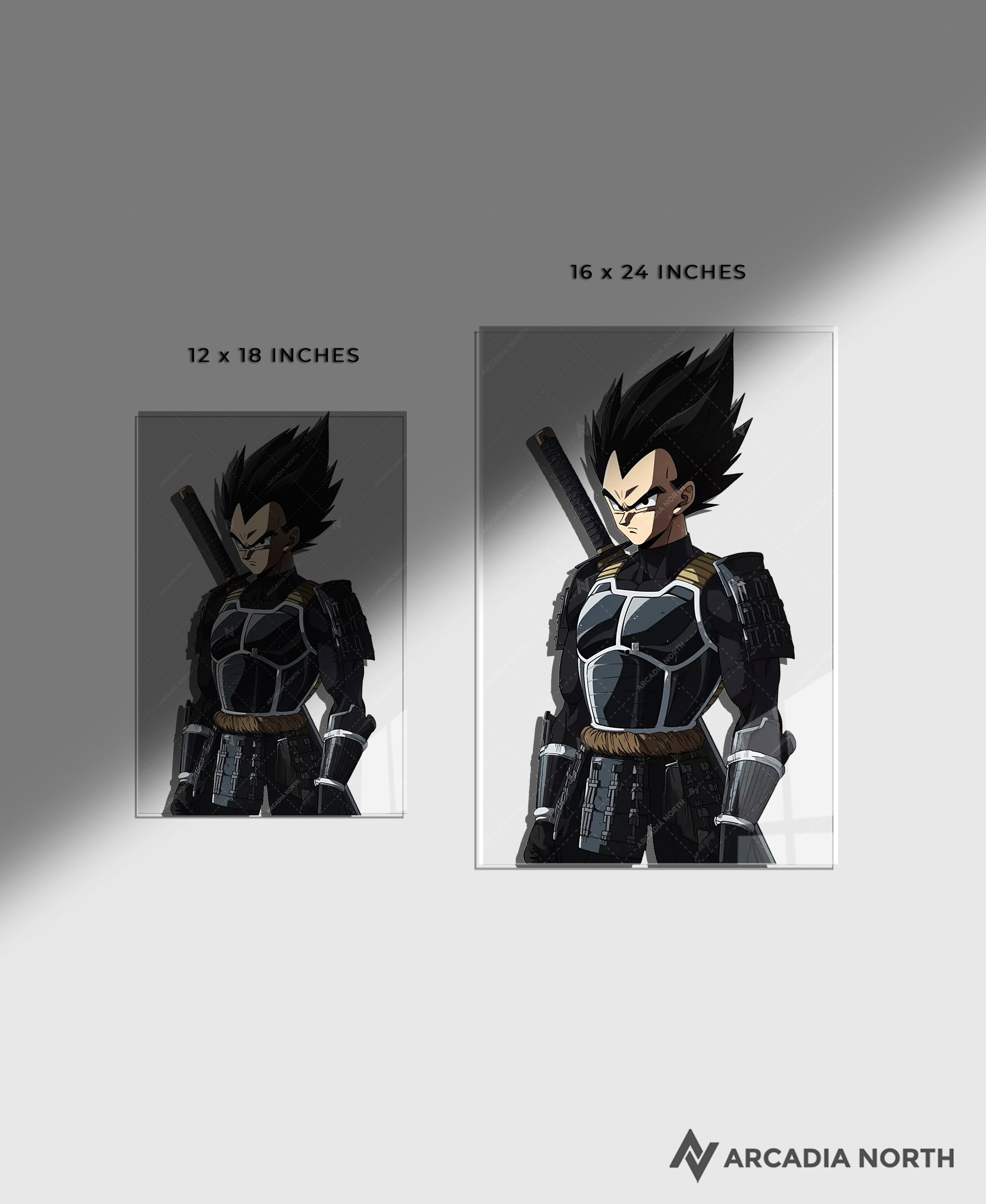 Dragon Ball anime acrylic poster by Arcadia North. Featuring Vegeta as a samurai on a transparent background. Acrylic wall art printed on acrylic.