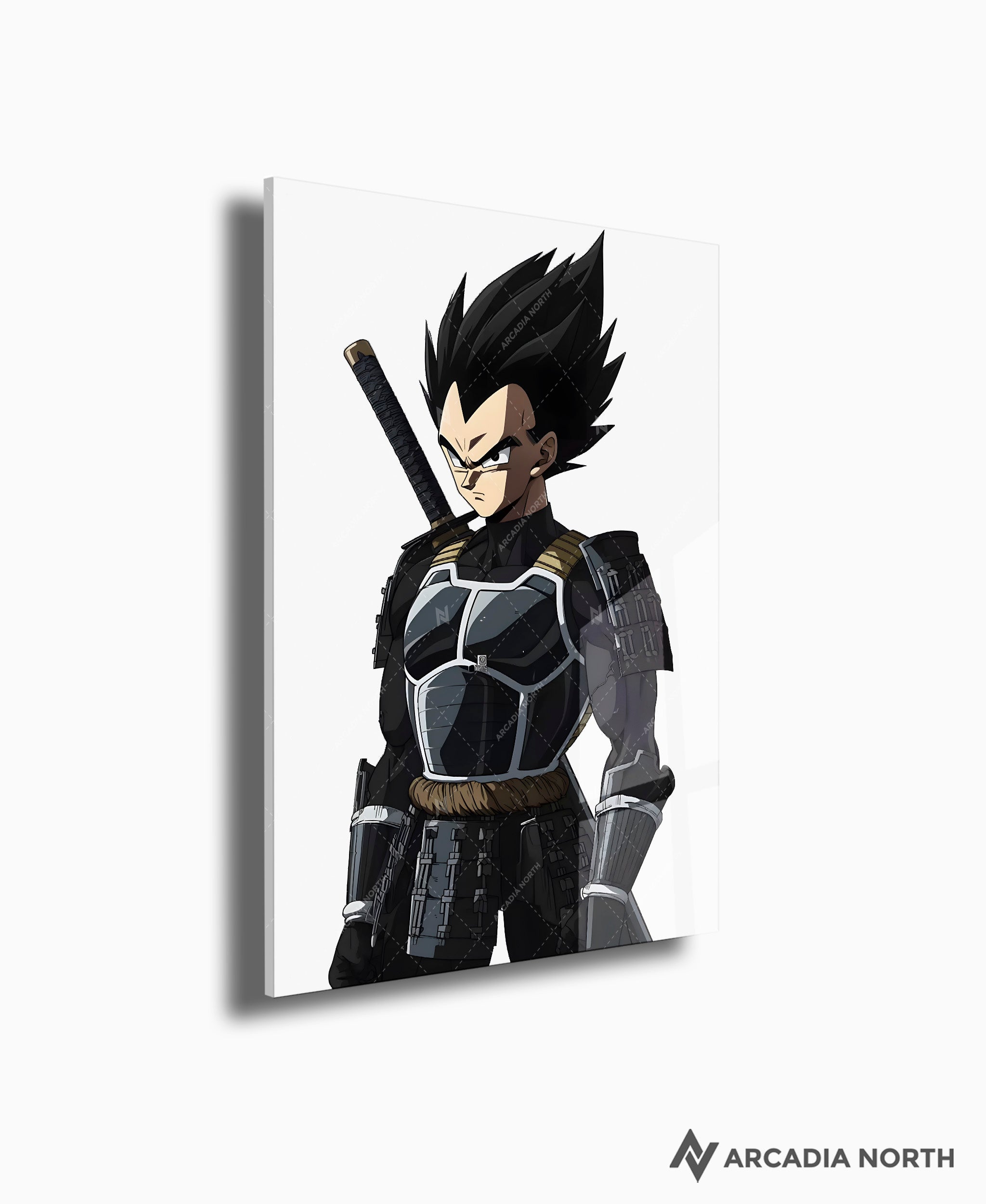 Dragon Ball anime acrylic poster by Arcadia North. Featuring Vegeta as a samurai on a white background. Acrylic wall art printed on acrylic.