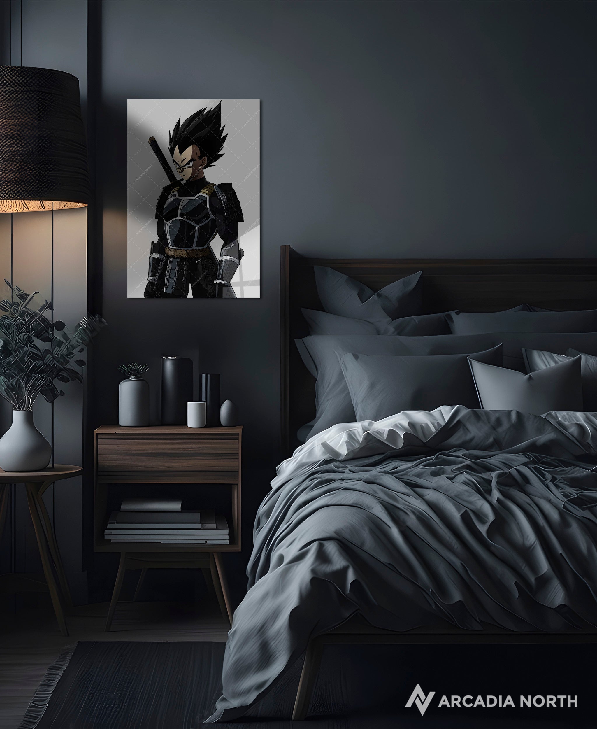 Dragon Ball anime acrylic poster by Arcadia North. Featuring Vegeta as a samurai on a white background. Acrylic wall art printed on acrylic.