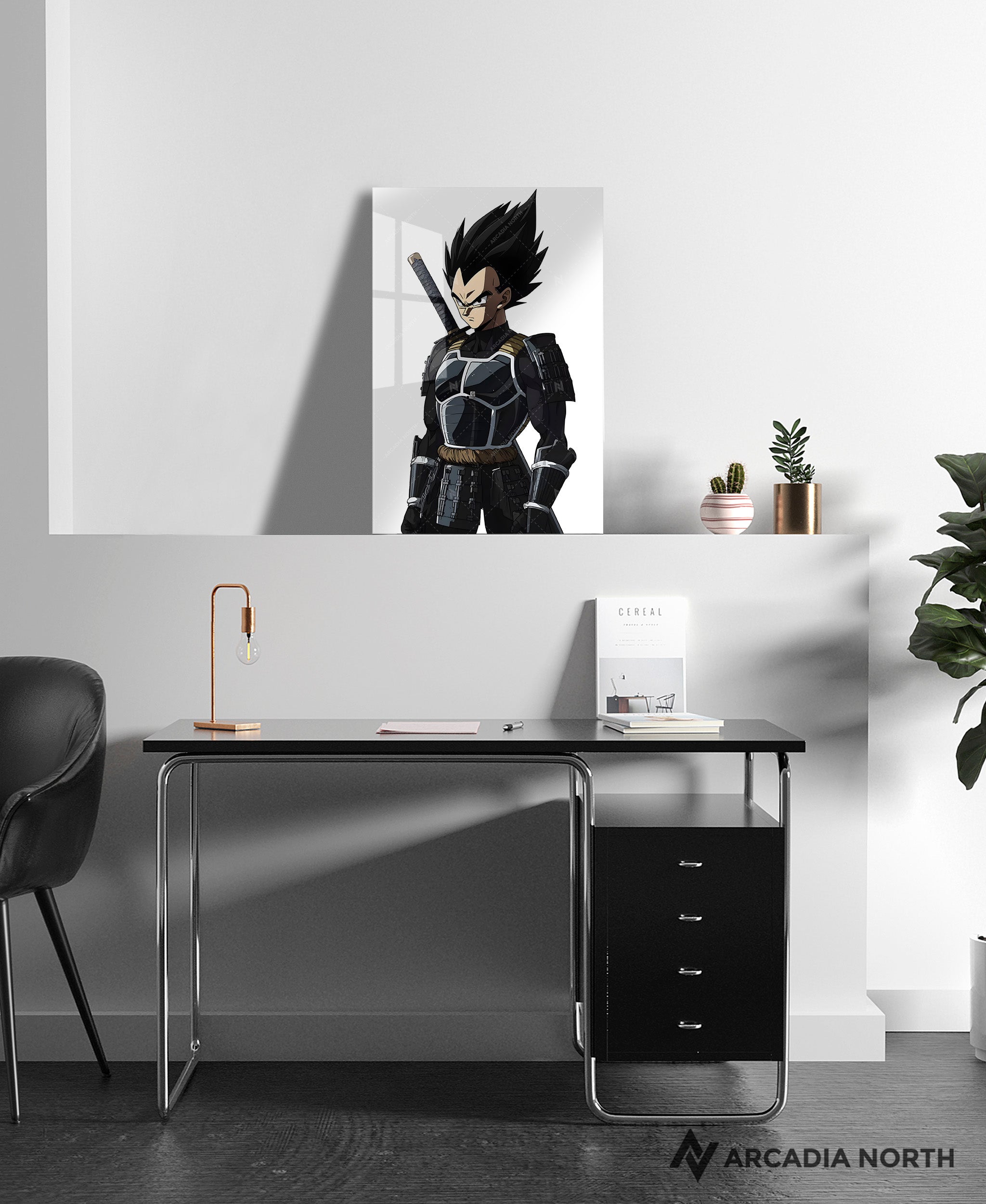 Dragon Ball anime acrylic poster by Arcadia North. Featuring Vegeta as a samurai on a white background. Acrylic wall art printed on acrylic.