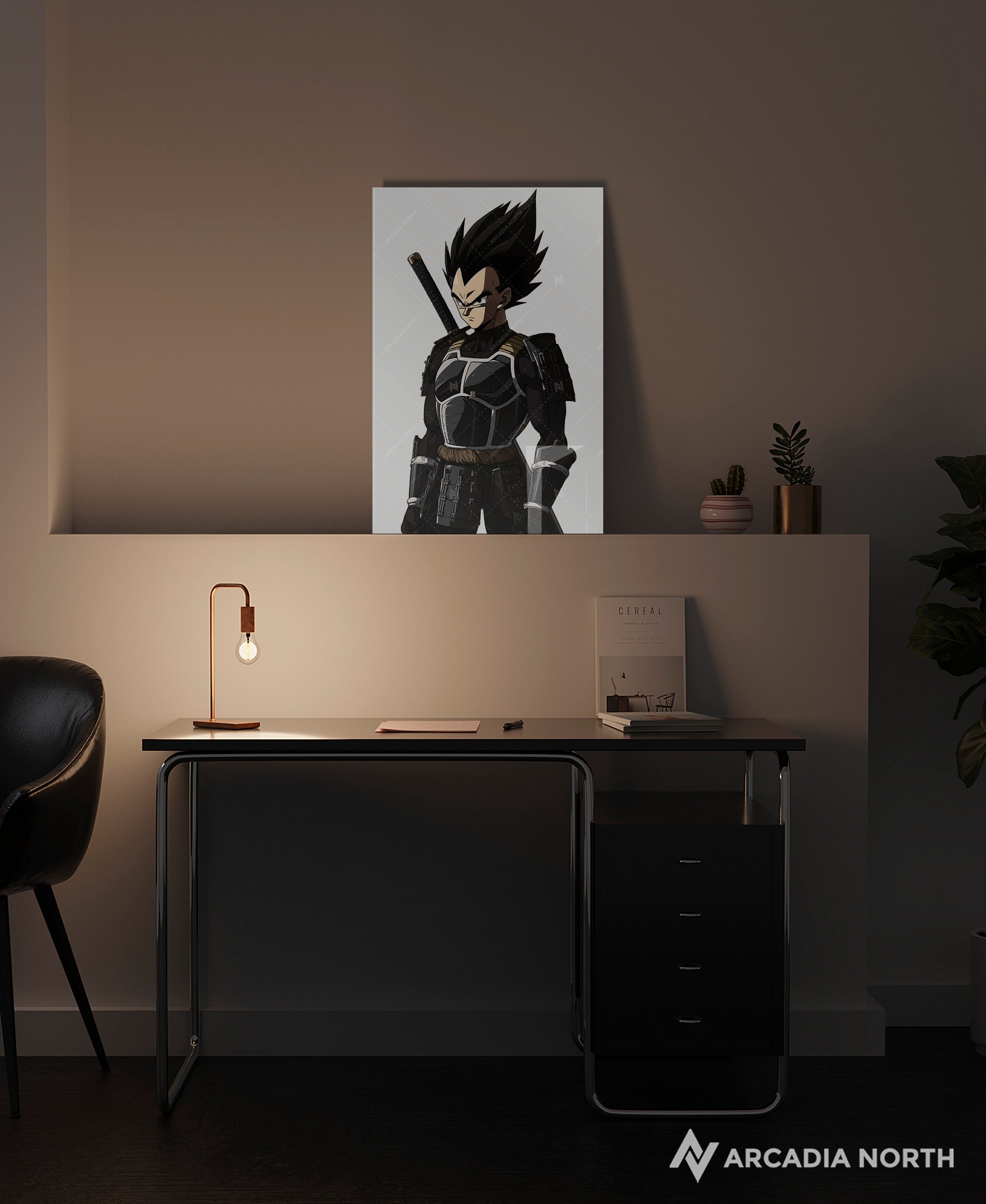 Dragon Ball anime acrylic poster by Arcadia North. Featuring Vegeta as a samurai on a white background. Acrylic wall art printed on acrylic.
