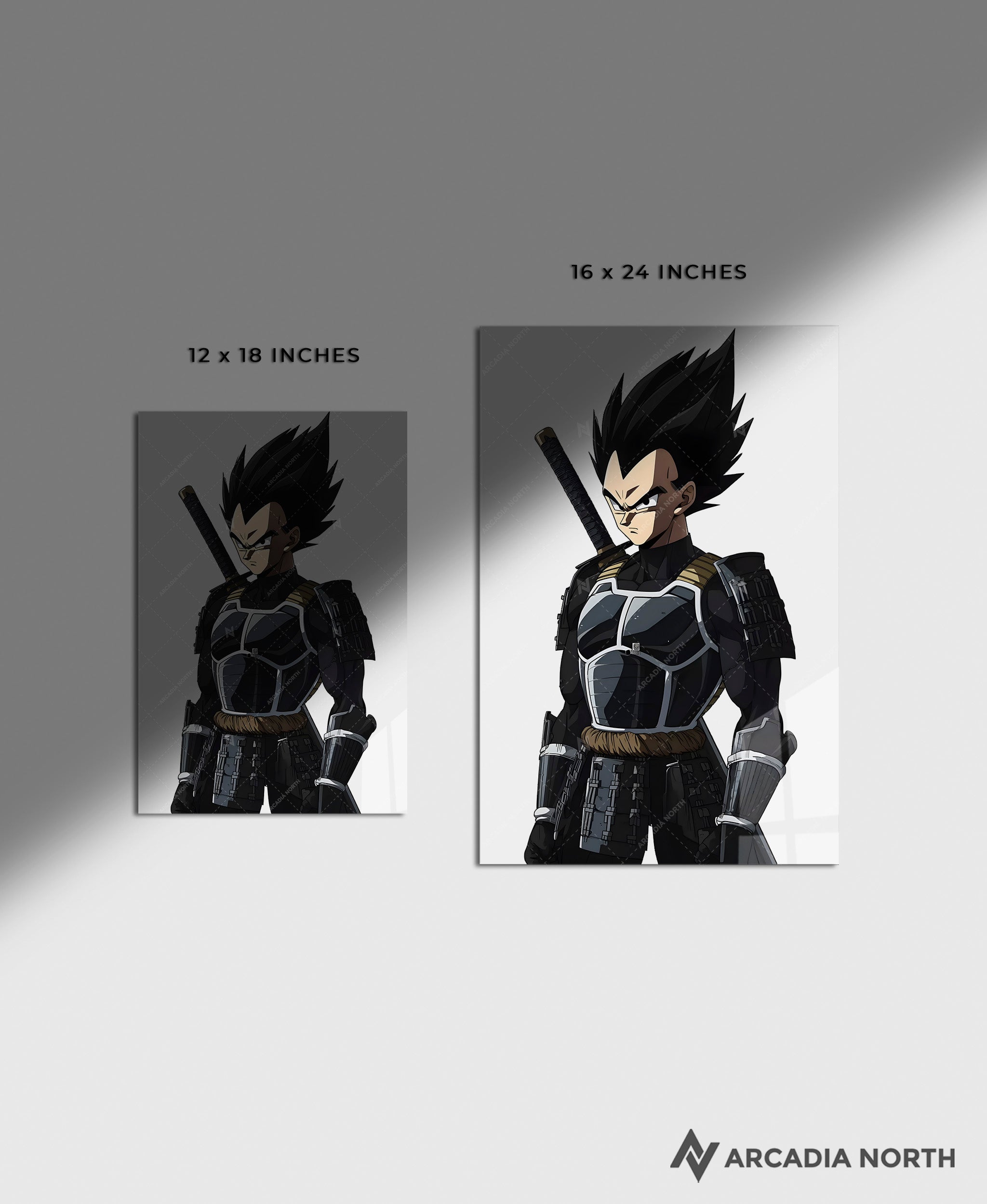 Dragon Ball anime acrylic poster by Arcadia North. Featuring Vegeta as a samurai on a white background. Acrylic wall art printed on acrylic.