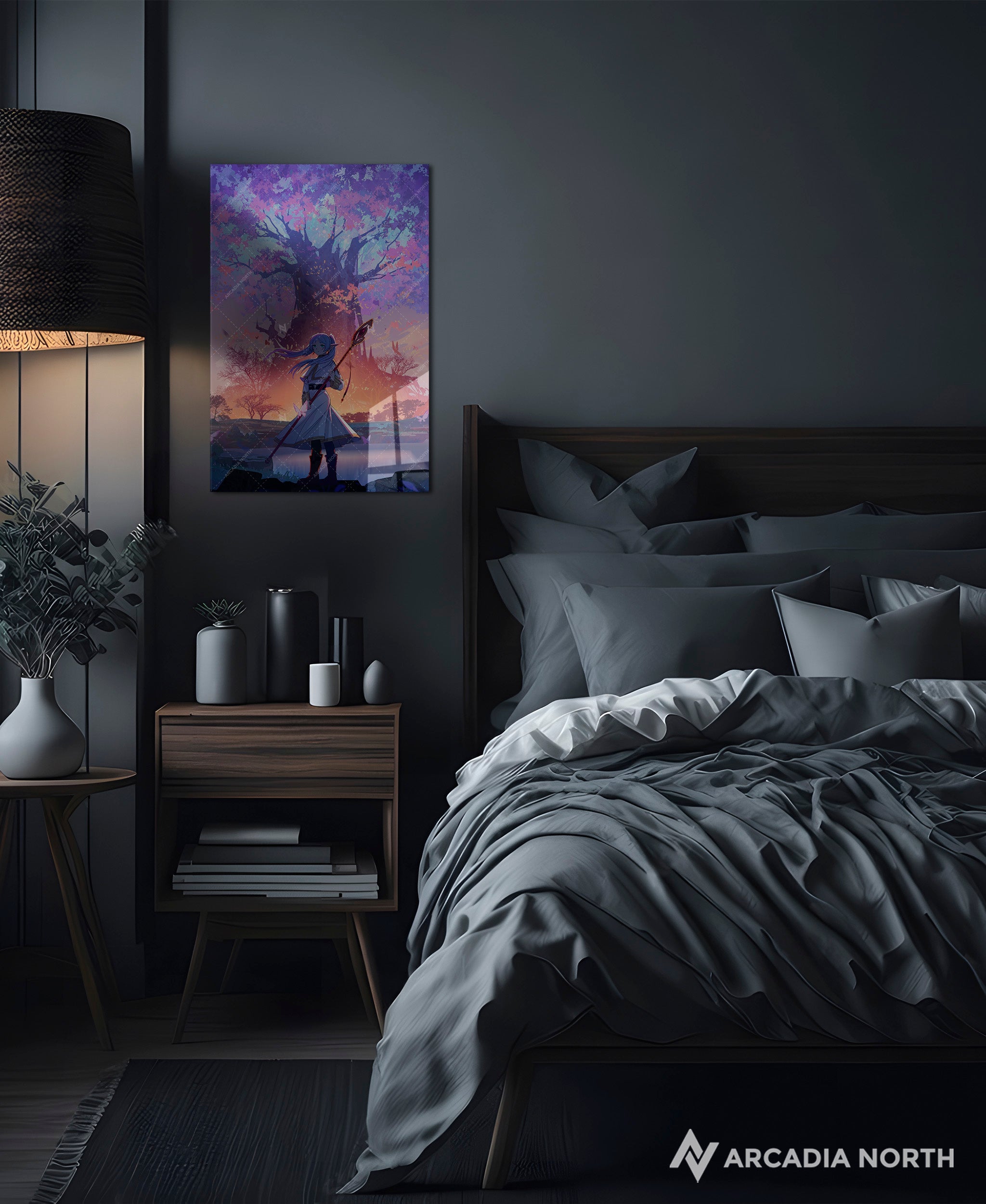 Frieren: Beyond Journey's End anime acrylic poster by Arcadia North. Feauturing Frieren with a large purple magic tree. Acrylic wall art printed on acrylic.