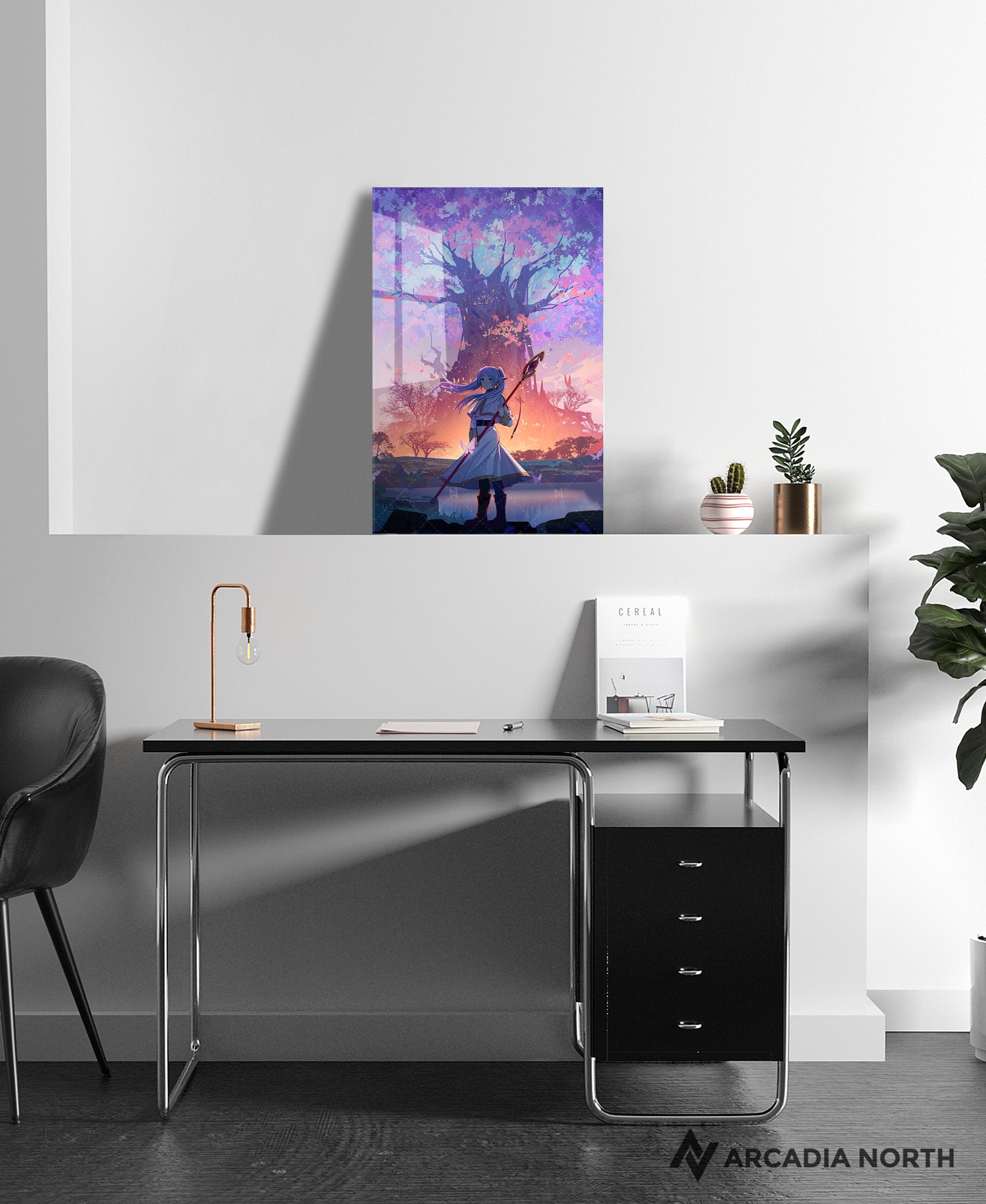 Frieren: Beyond Journey's End anime acrylic poster by Arcadia North. Feauturing Frieren with a large purple magic tree. Acrylic wall art printed on acrylic.