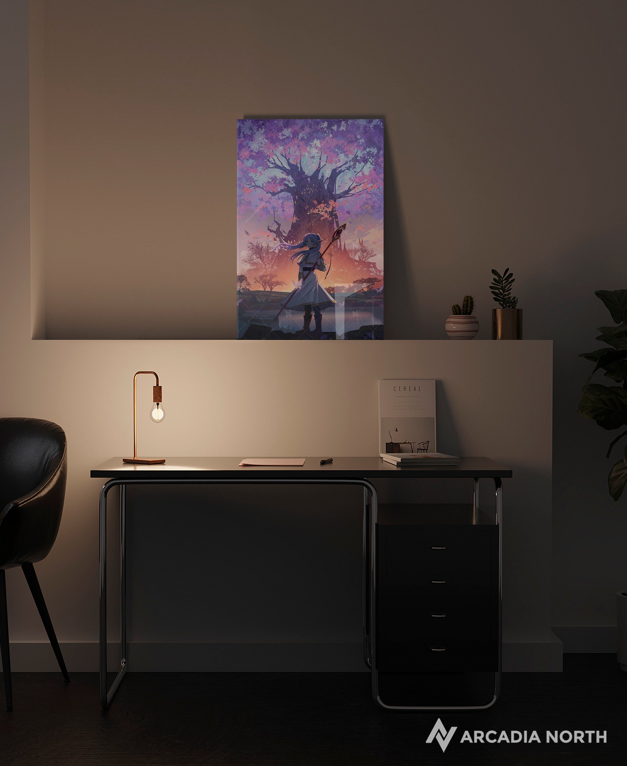 Frieren: Beyond Journey's End anime acrylic poster by Arcadia North. Feauturing Frieren with a large purple magic tree. Acrylic wall art printed on acrylic.