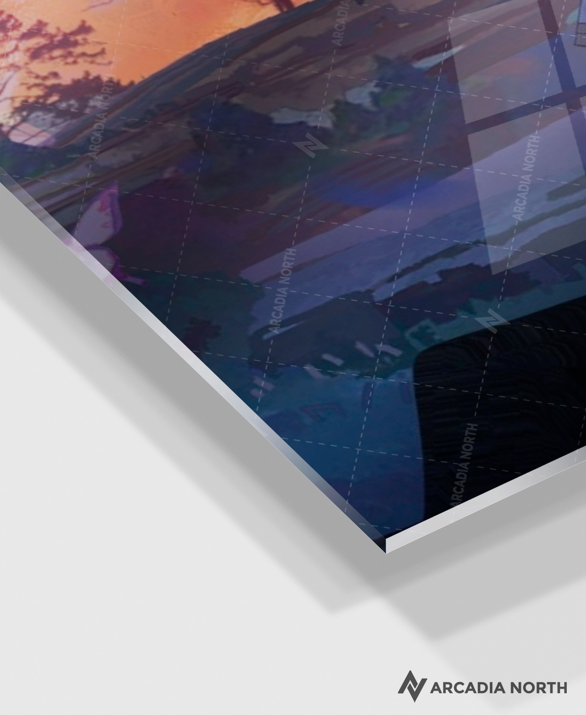 Frieren: Beyond Journey's End anime acrylic poster by Arcadia North. Feauturing Frieren with a large purple magic tree. Acrylic wall art printed on acrylic.