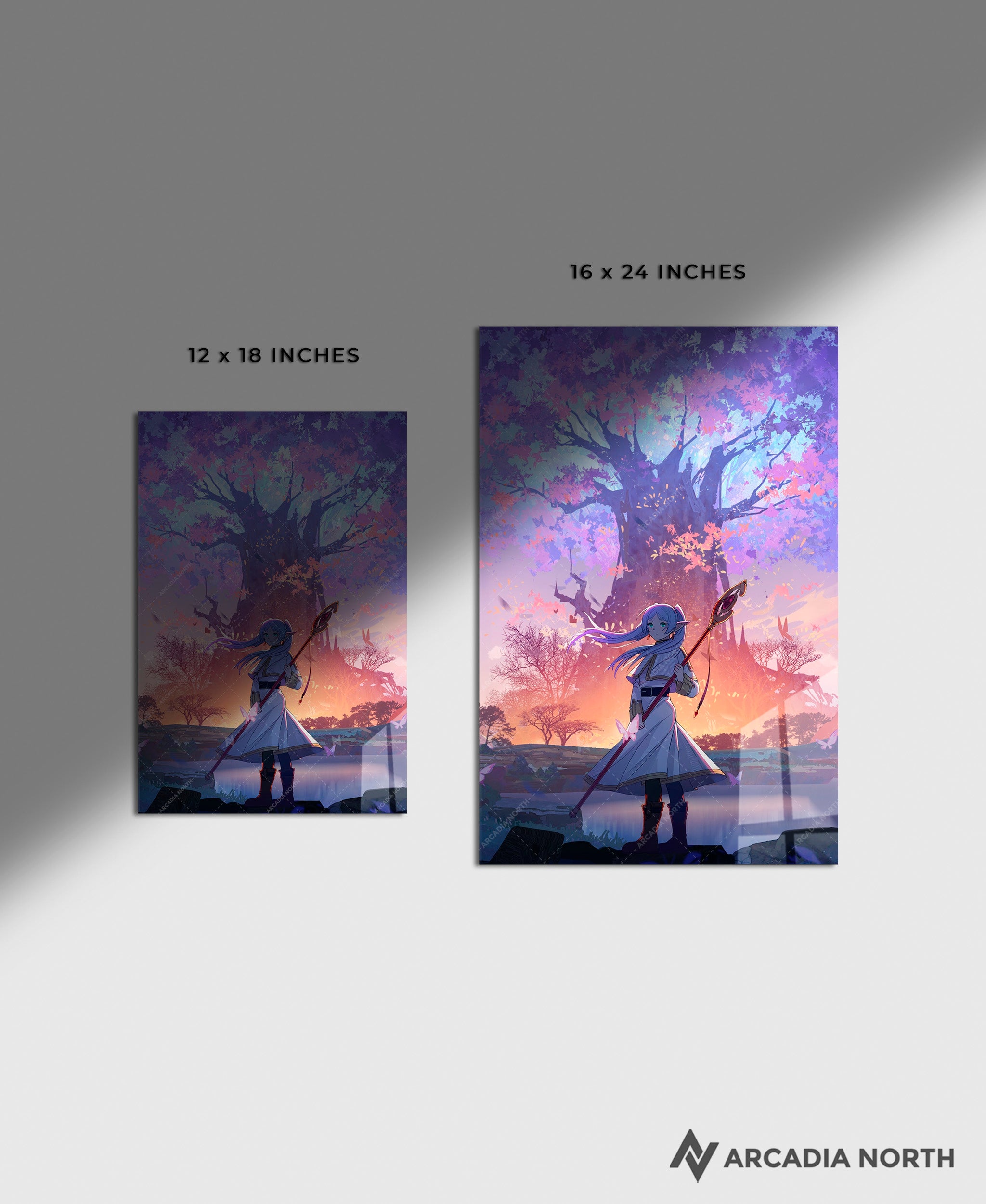 Frieren: Beyond Journey's End anime acrylic poster by Arcadia North. Feauturing Frieren with a large purple magic tree. Acrylic wall art printed on acrylic.