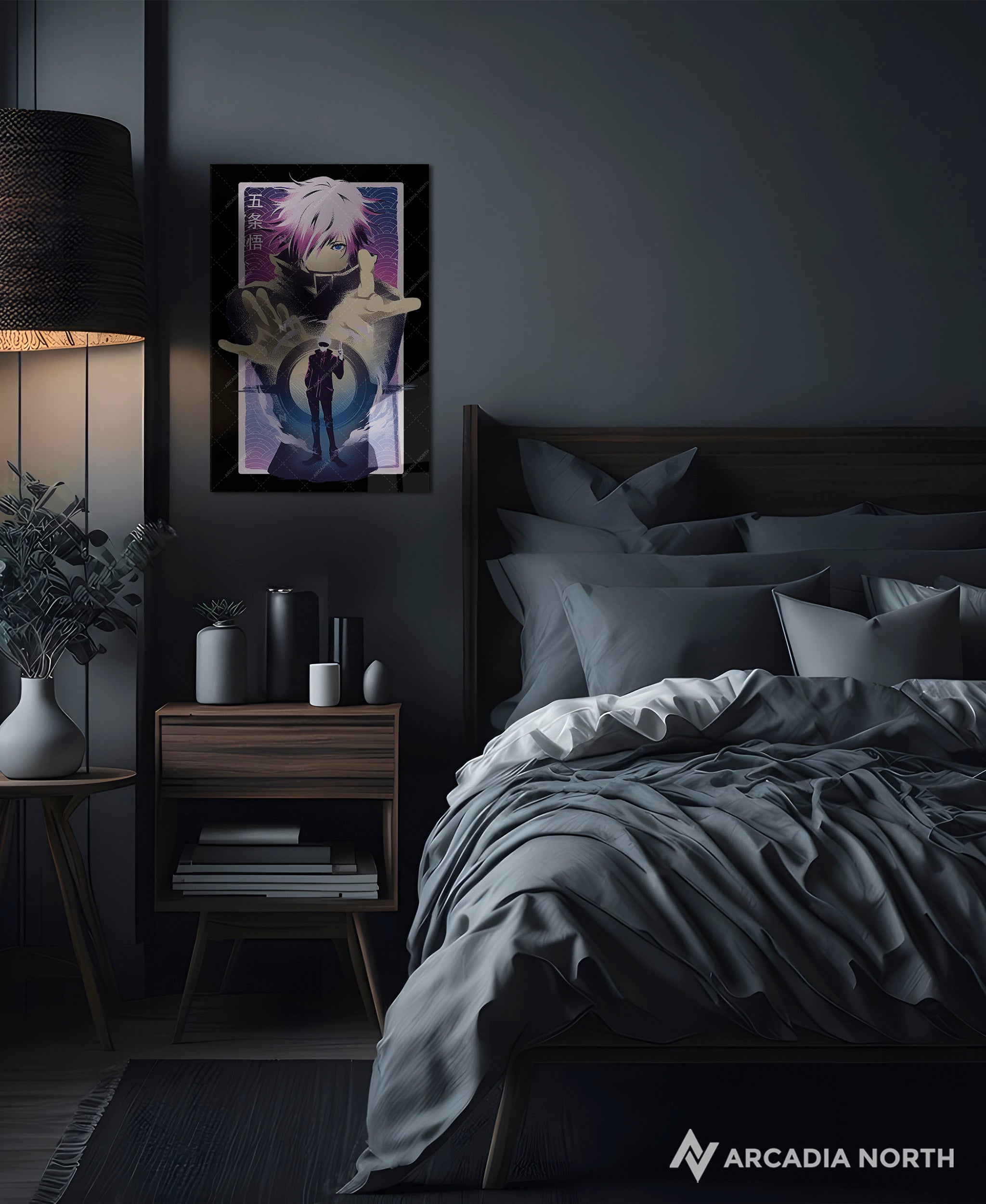 Jujutsu Kaisen anime acrylic poster by Arcadia North. Featuring Gojo Satoru Infinite Void. Black background. Acrylic wall art printed on acrylic.
