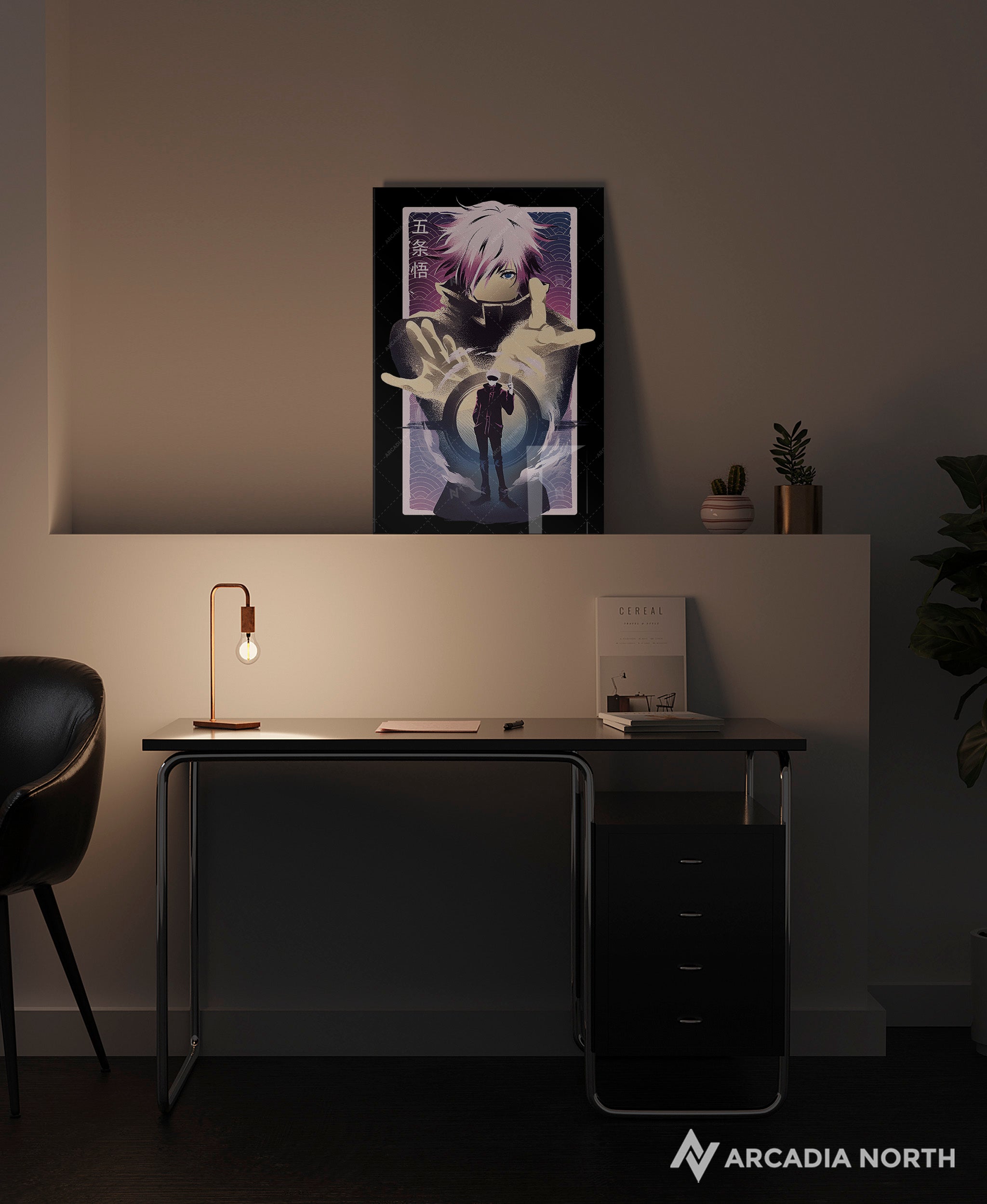 Jujutsu Kaisen anime acrylic poster by Arcadia North. Featuring Gojo Satoru Infinite Void. Black background. Acrylic wall art printed on acrylic.