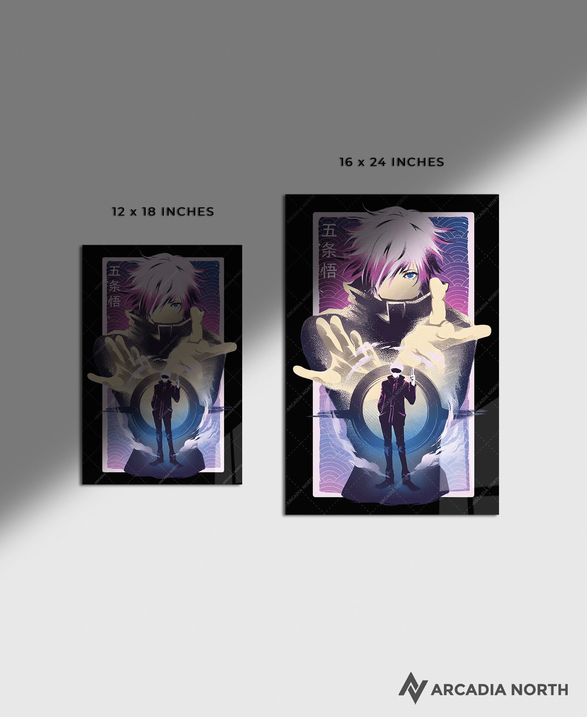 Jujutsu Kaisen anime acrylic poster by Arcadia North. Featuring Gojo Satoru Infinite Void. Black background. Acrylic wall art printed on acrylic.