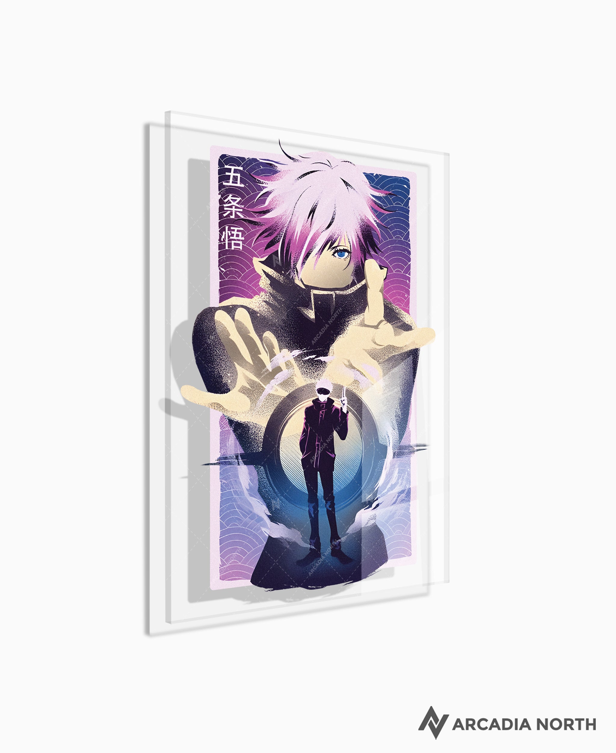 Jujutsu Kaisen anime acrylic poster by Arcadia North. Featuring Gojo Satoru Infinite Void. Transparent background. Acrylic wall art printed on acrylic.