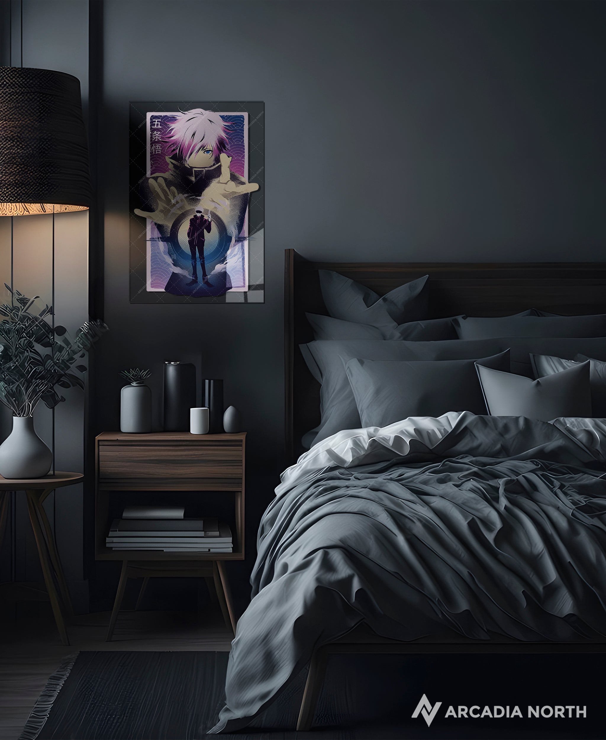 Jujutsu Kaisen anime acrylic poster by Arcadia North. Featuring Gojo Satoru Infinite Void. Transparent background. Acrylic wall art printed on acrylic.