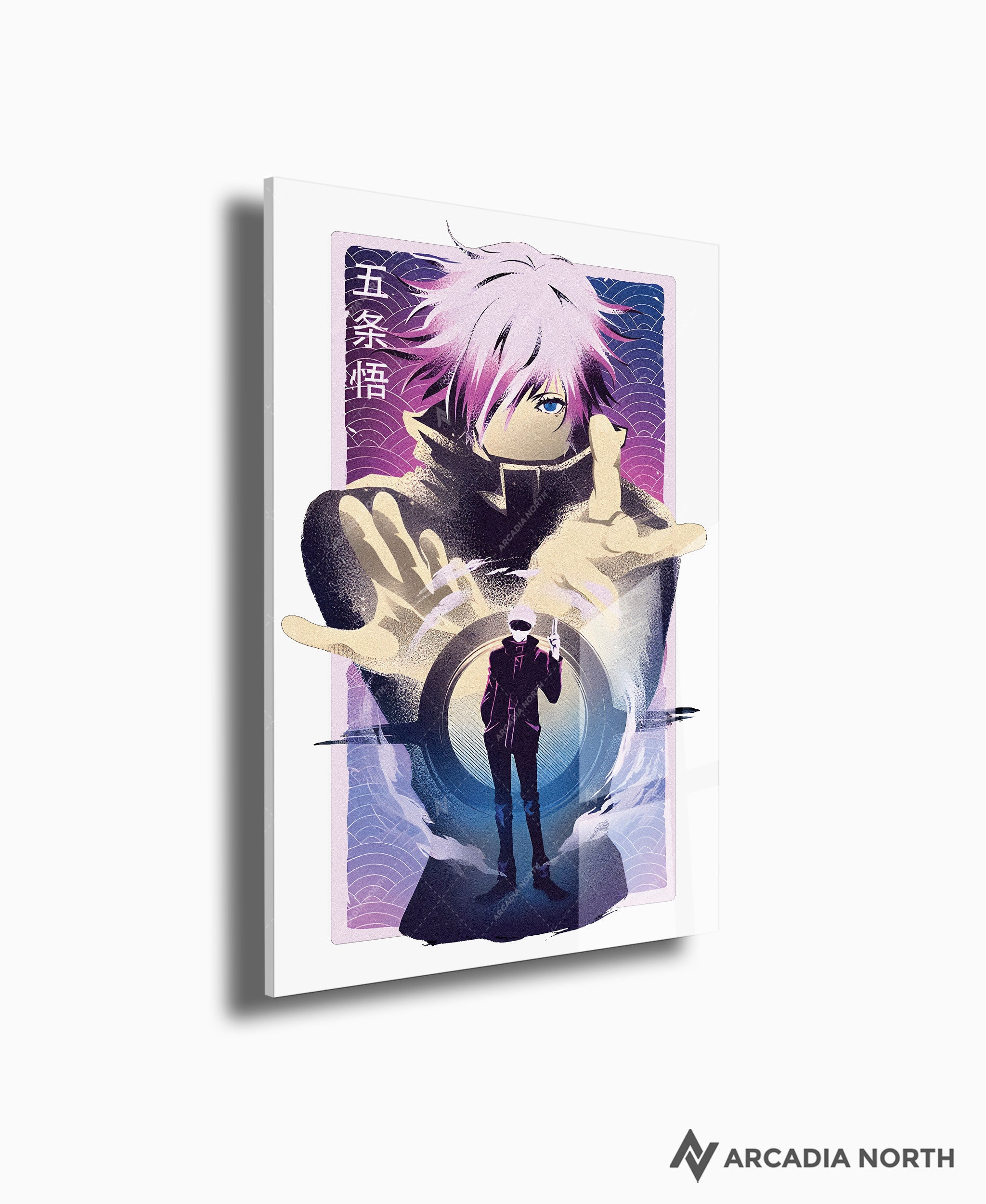 Jujutsu Kaisen anime acrylic poster by Arcadia North. Featuring Gojo Satoru Infinite Void. White background. Acrylic wall art printed on acrylic.