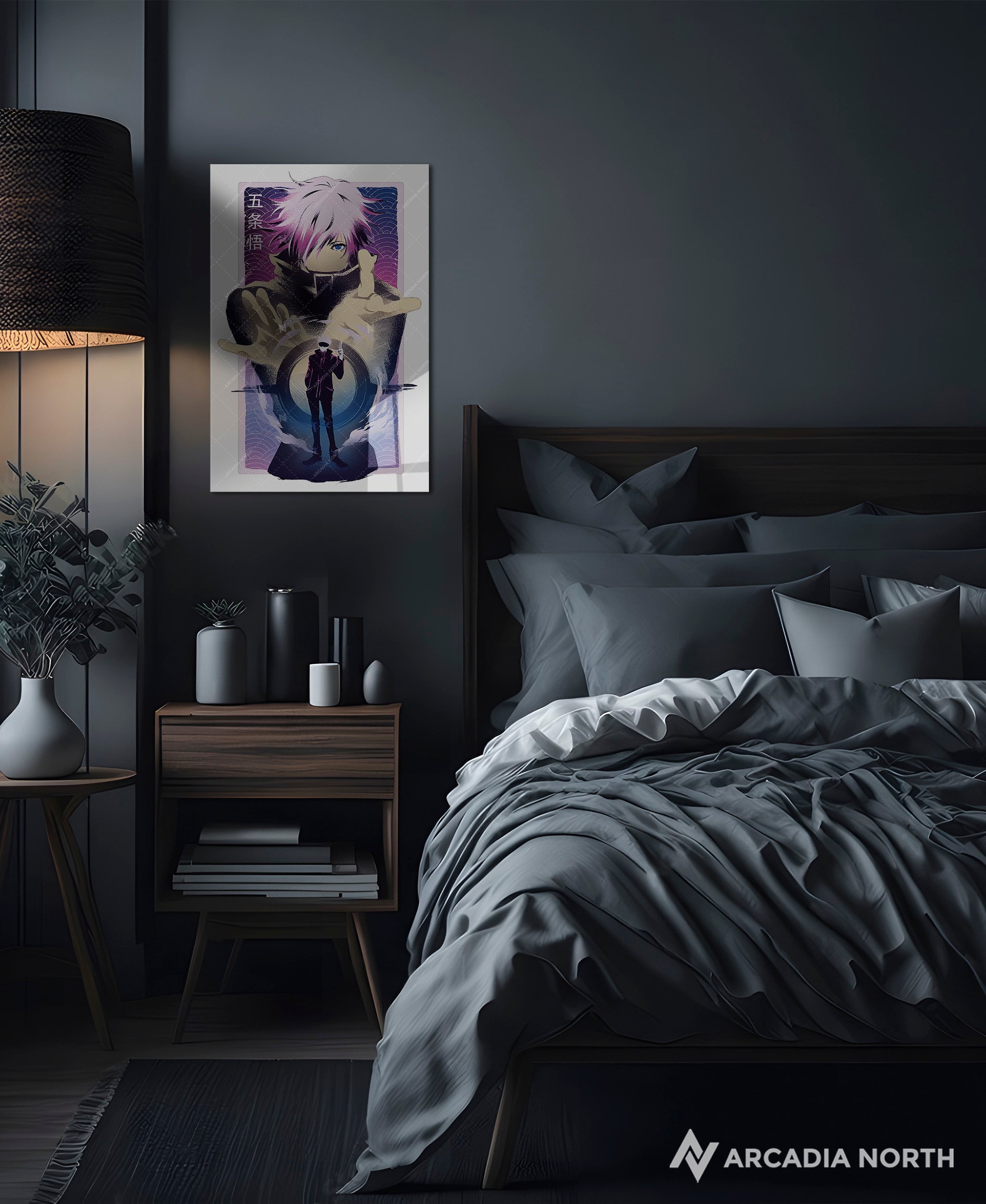 Jujutsu Kaisen anime acrylic poster by Arcadia North. Featuring Gojo Satoru Infinite Void. White background. Acrylic wall art printed on acrylic.