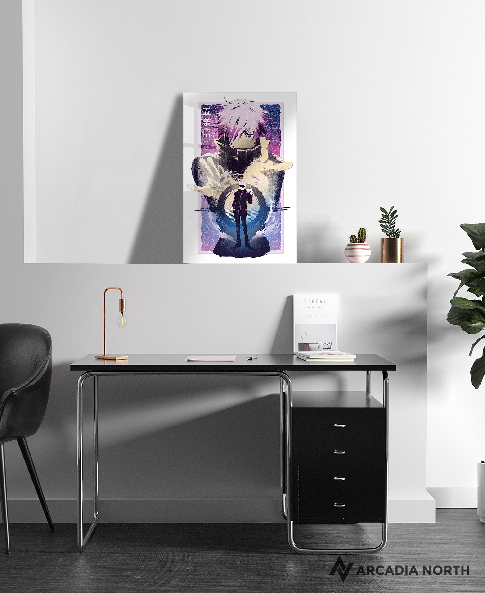 Jujutsu Kaisen anime acrylic poster by Arcadia North. Featuring Gojo Satoru Infinite Void. White background. Acrylic wall art printed on acrylic.