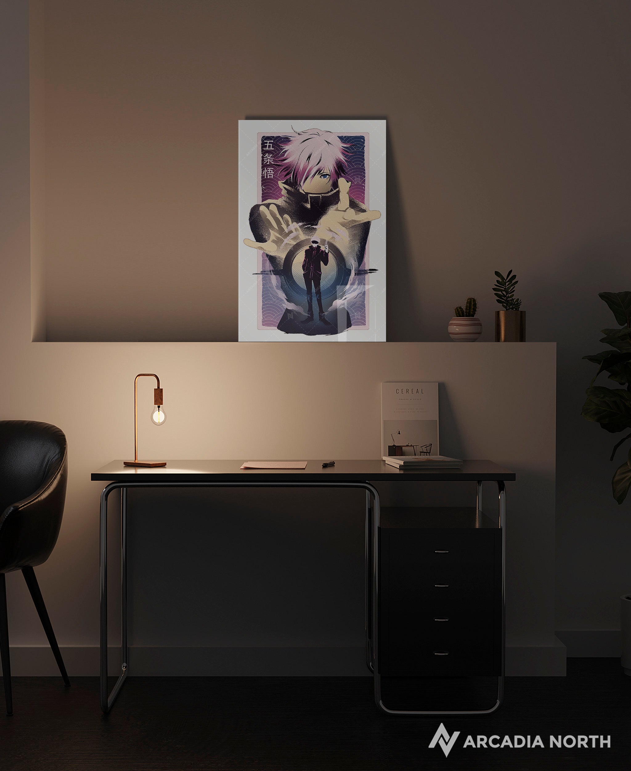 Jujutsu Kaisen anime acrylic poster by Arcadia North. Featuring Gojo Satoru Infinite Void. White background. Acrylic wall art printed on acrylic.