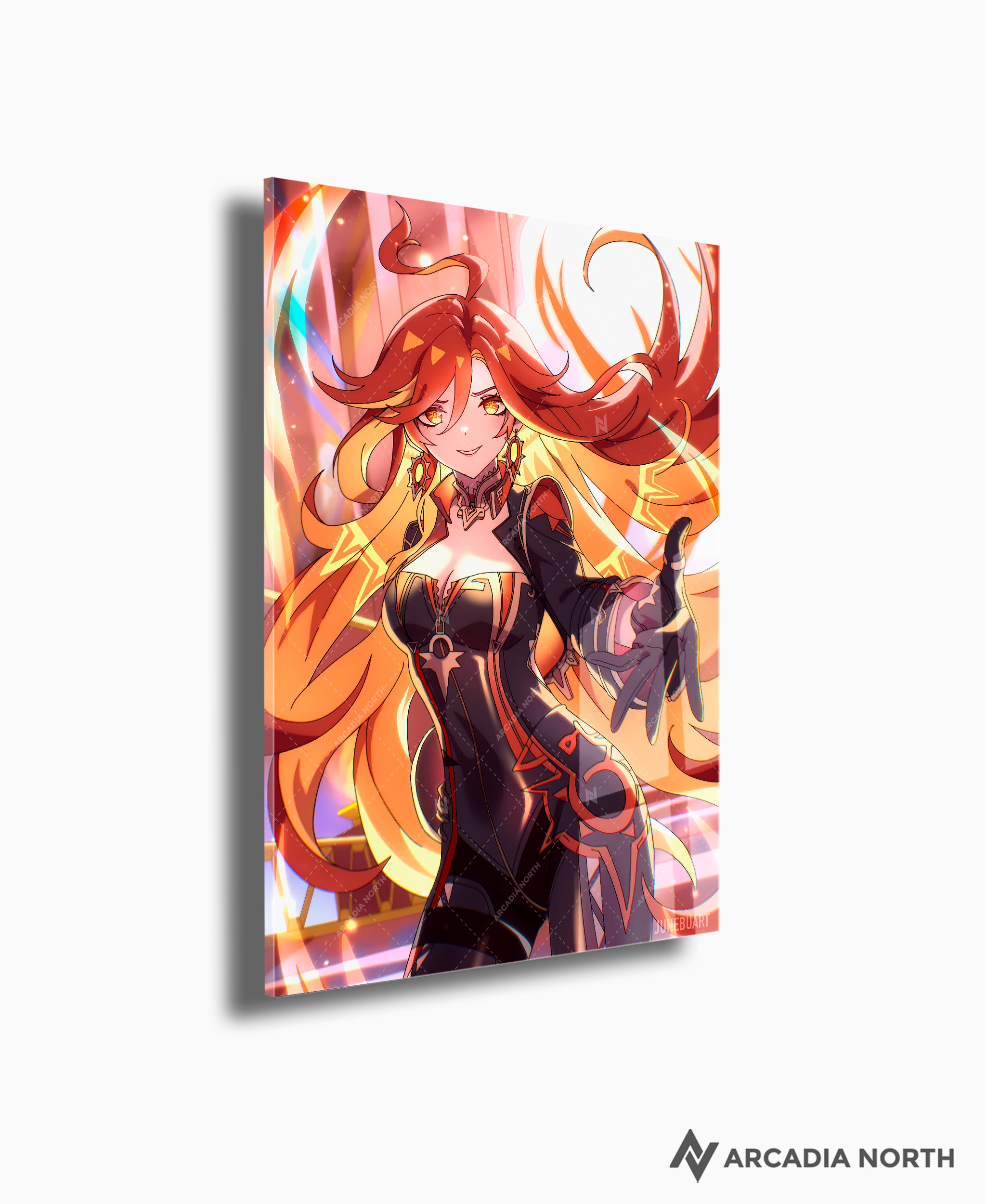 Genshin Impact Mavuika acrylic poster by Arcadia North. Artist Junebu Art. Acrylic wall art printed on acrylic.