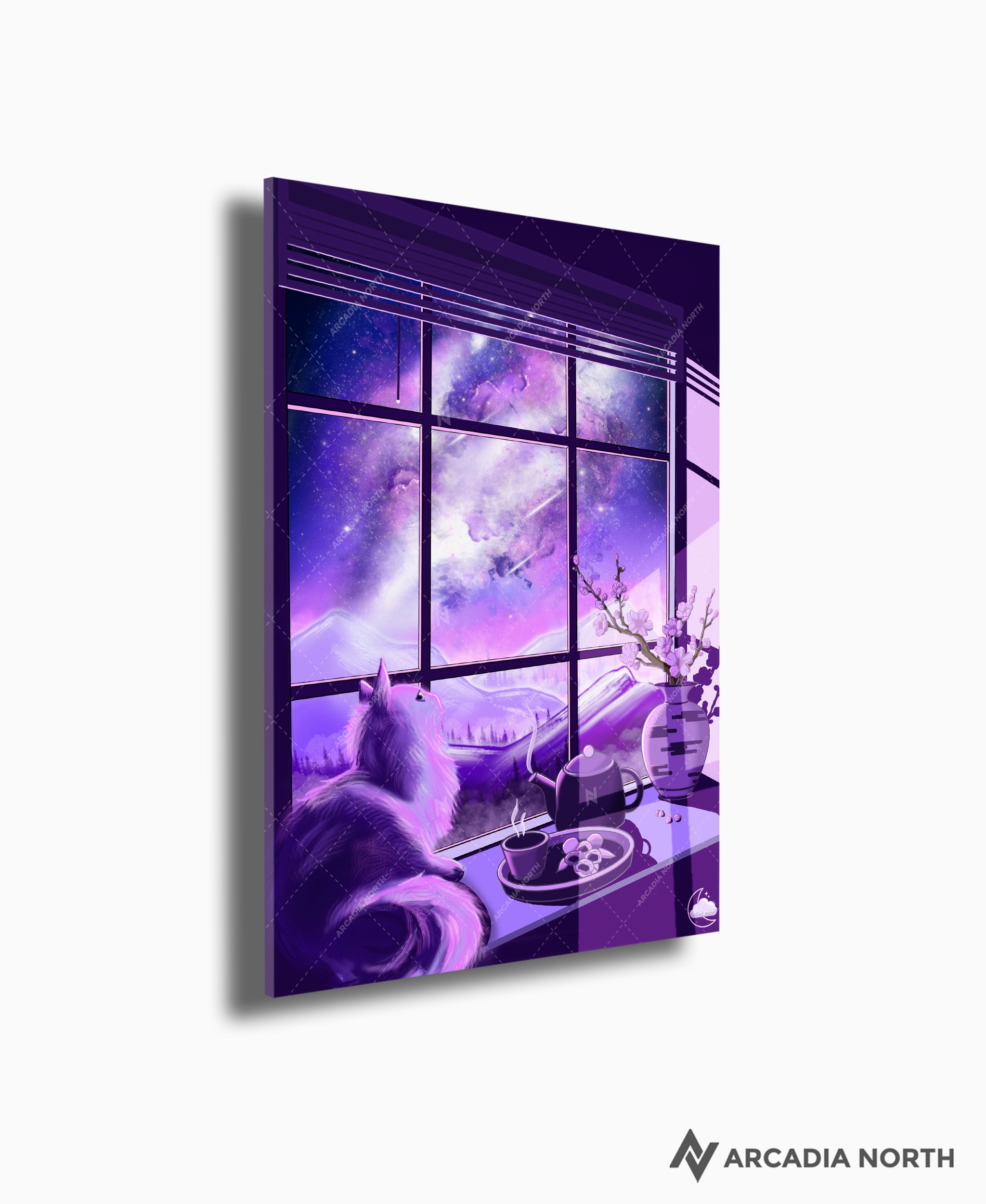 Arcadia North acrylic poster acrylic print. Galaxy cat. Astral Catnap by French artist Nebyula. Backlightable acrylic wall art printed on acrylic.