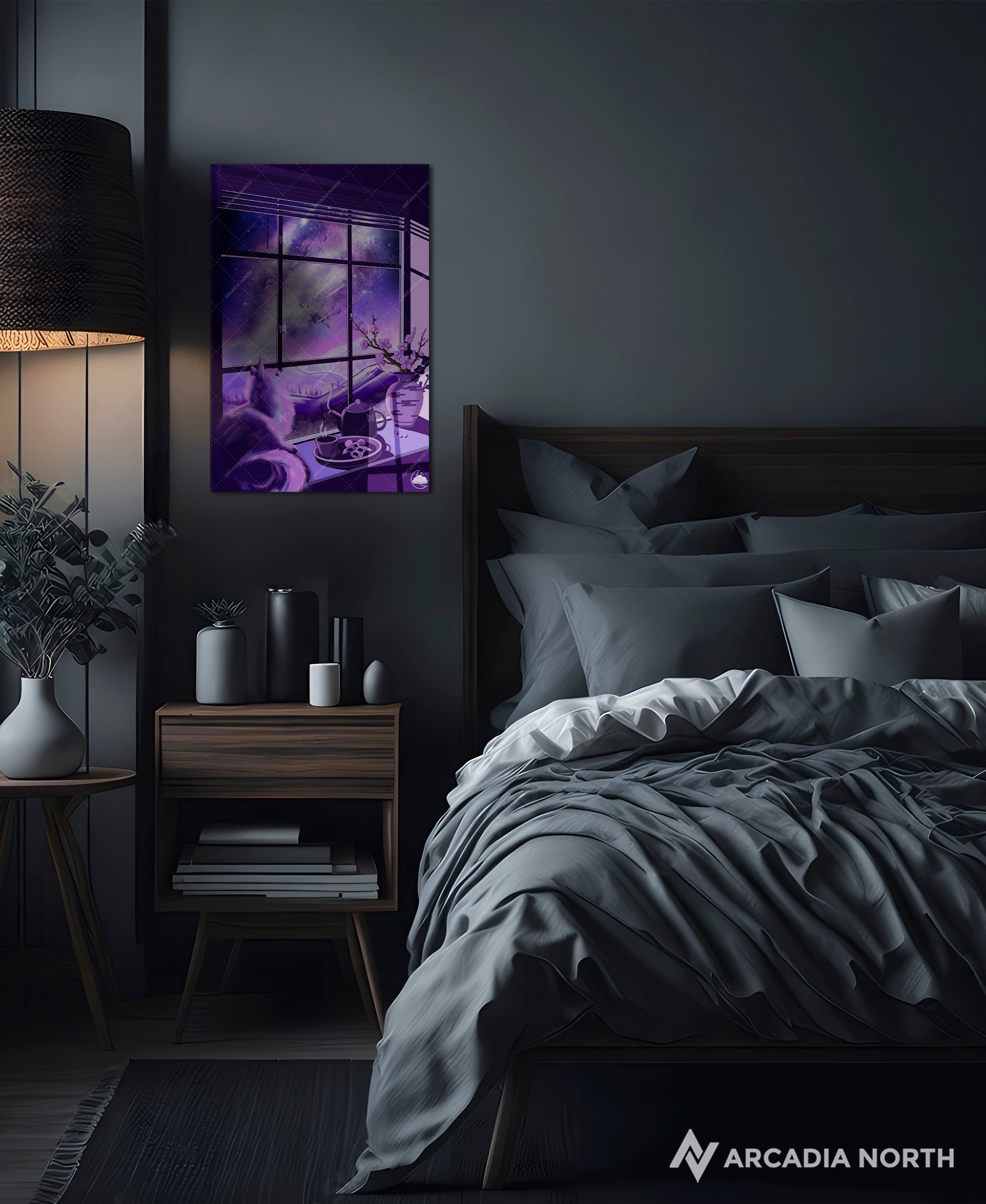 Arcadia North acrylic poster acrylic print. Galaxy cat. Astral Catnap by French artist Nebyula. Backlightable acrylic wall art printed on acrylic.