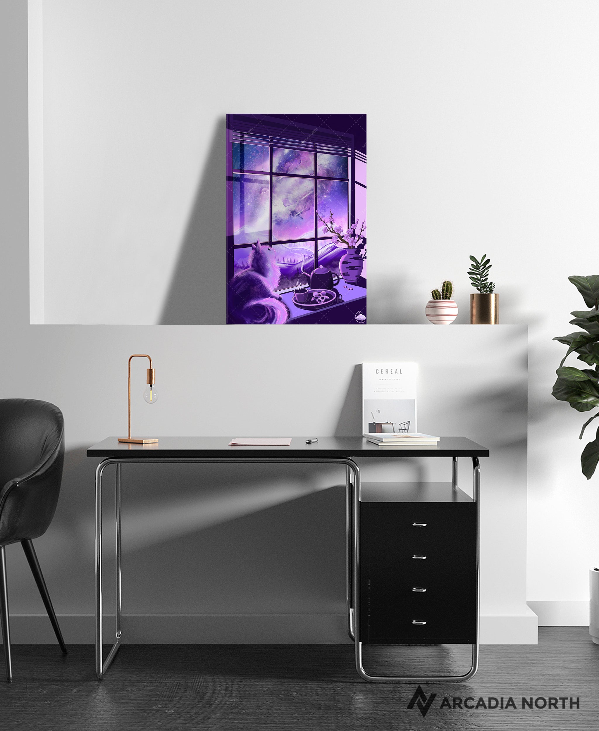 Arcadia North acrylic poster acrylic print. Galaxy cat. Astral Catnap by French artist Nebyula. Backlightable acrylic wall art printed on acrylic.