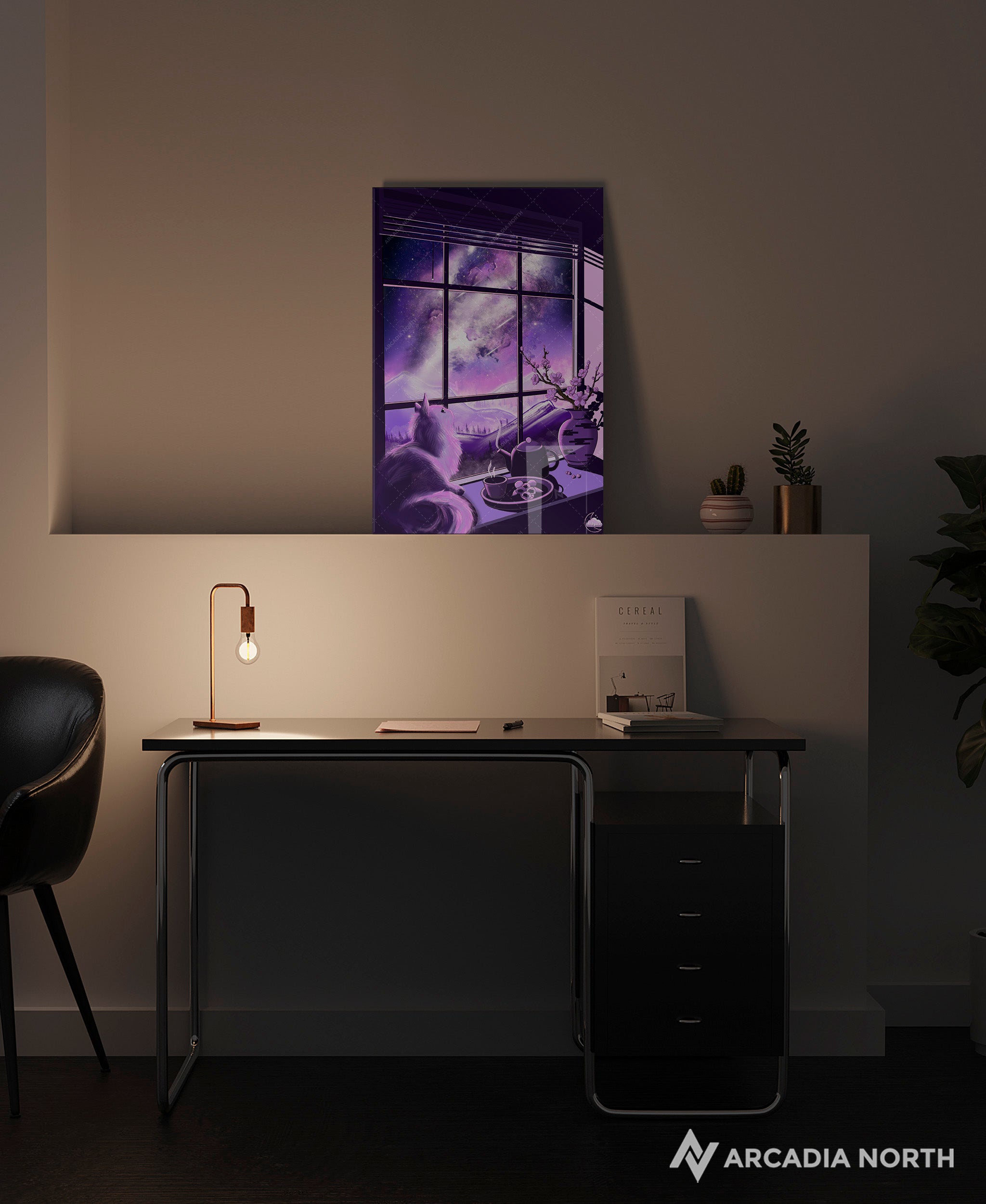 Arcadia North acrylic poster acrylic print. Galaxy cat. Astral Catnap by French artist Nebyula. Backlightable acrylic wall art printed on acrylic.