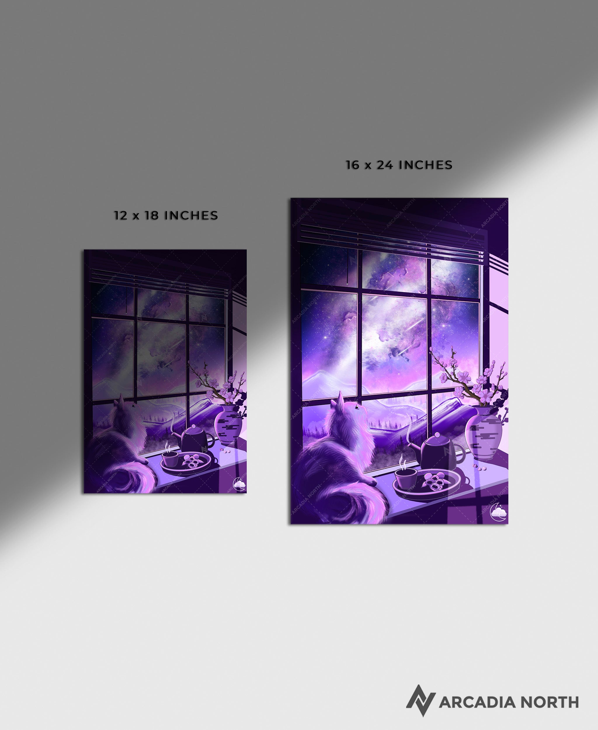 Arcadia North acrylic poster acrylic print. Galaxy cat. Astral Catnap by French artist Nebyula. Backlightable acrylic wall art printed on acrylic.