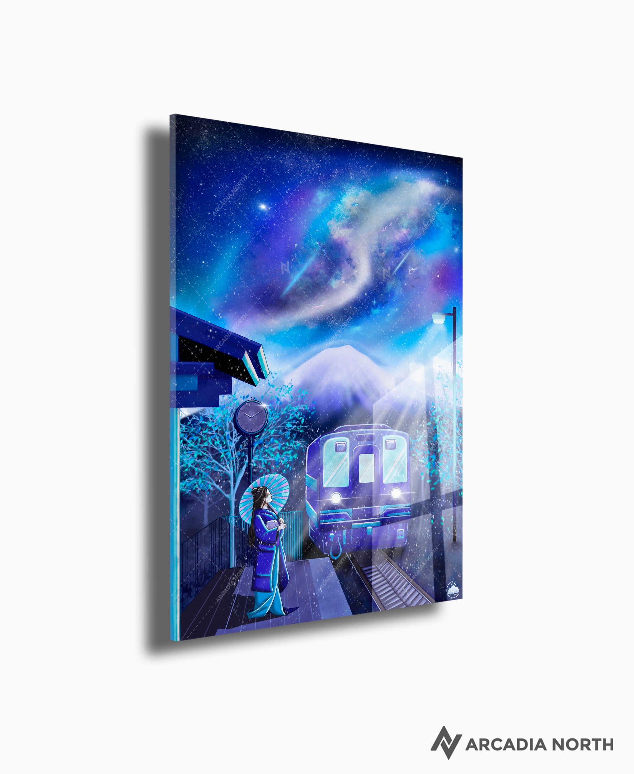 Arcadia North acrylic poster acrylic print. Celestial Train Station by French artist Nebyula. Backlightable acrylic wall art printed on acrylic.