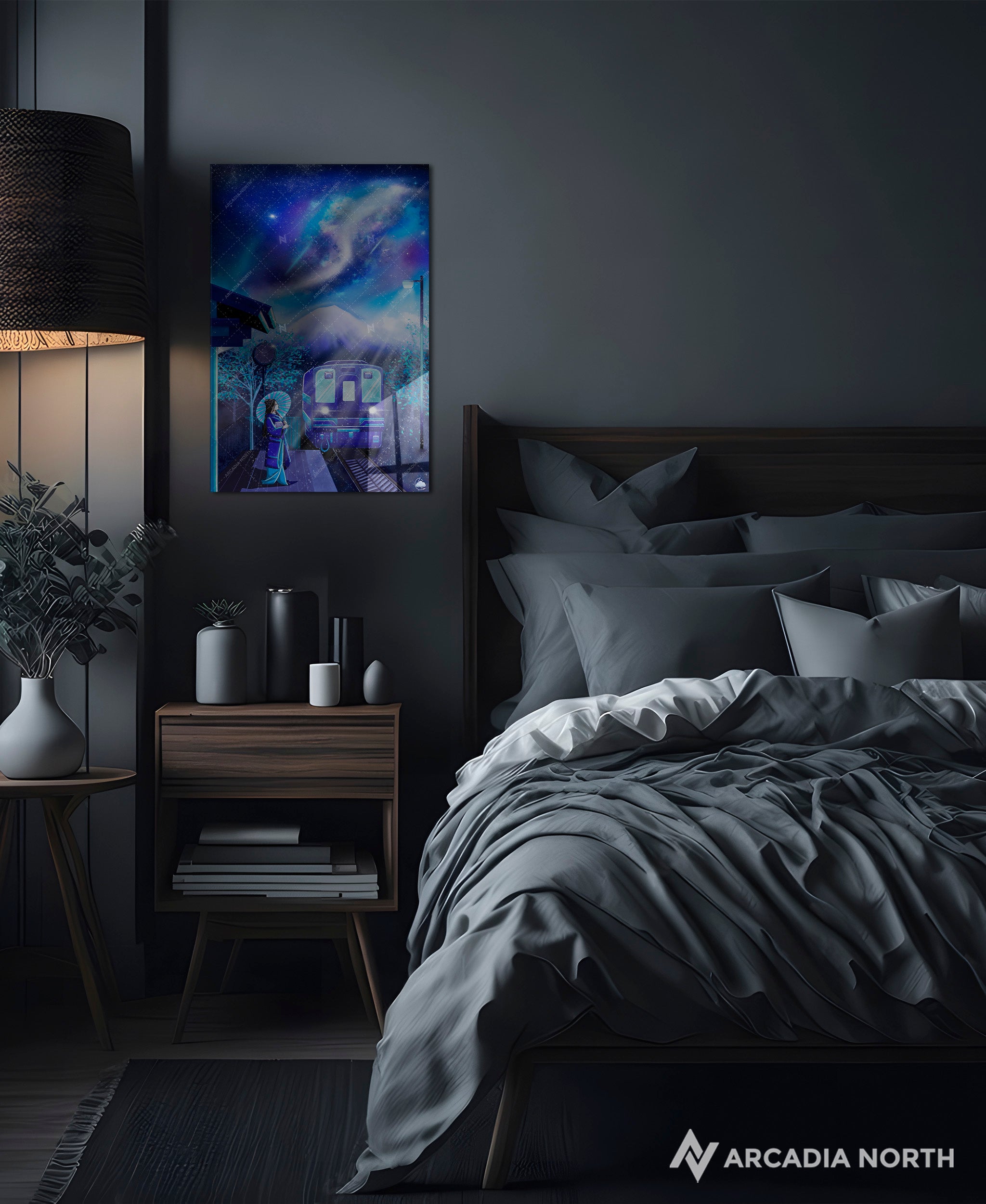 Arcadia North acrylic poster acrylic print. Celestial Train Station by French artist Nebyula. Backlightable acrylic wall art printed on acrylic.